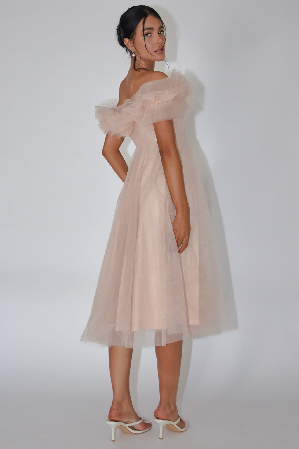 May Rose Off-Shoulder Tulle Midi Dress Taupe by Selfie Leslie