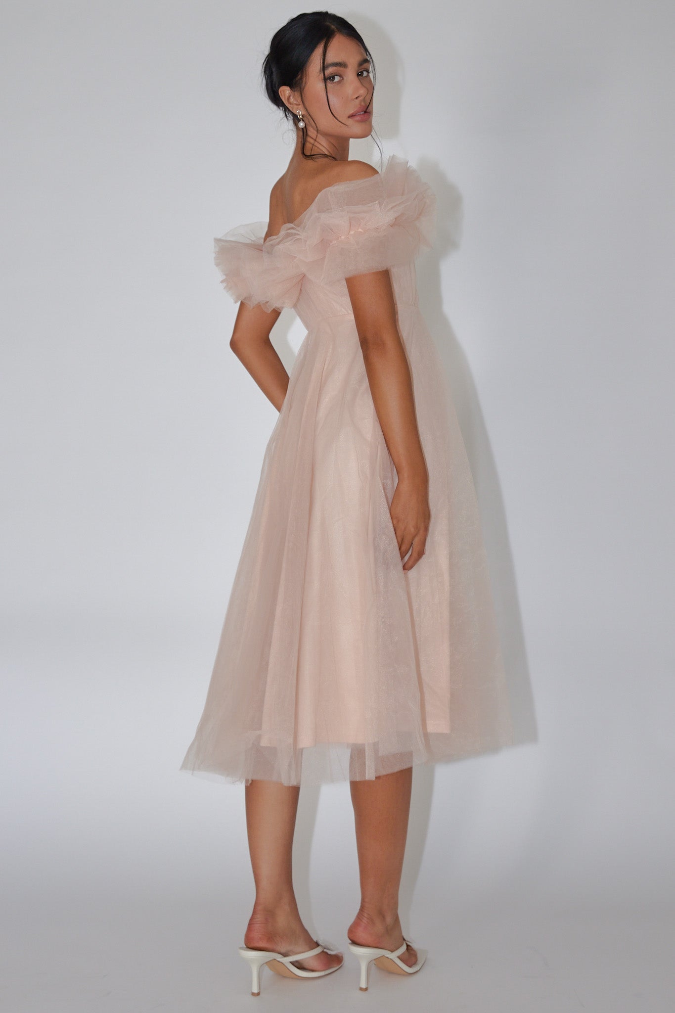 May Rose Off-Shoulder Tulle Midi Dress Taupe by Selfie Leslie