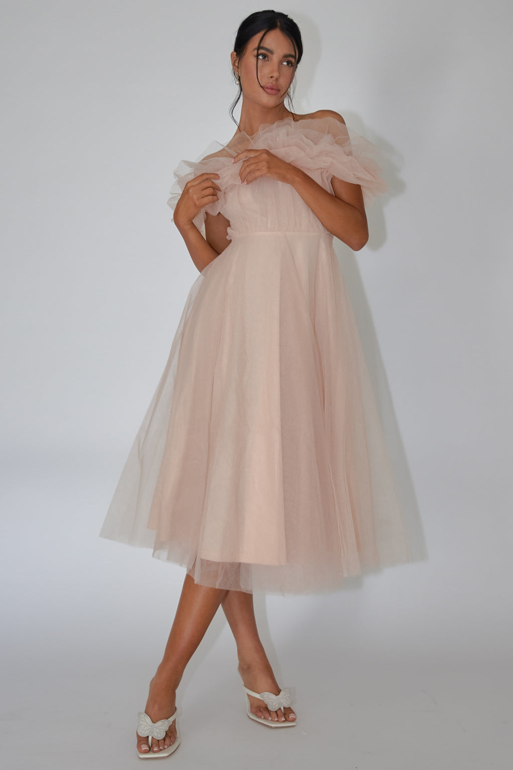 May Rose Off-Shoulder Tulle Midi Dress Taupe by Selfie Leslie