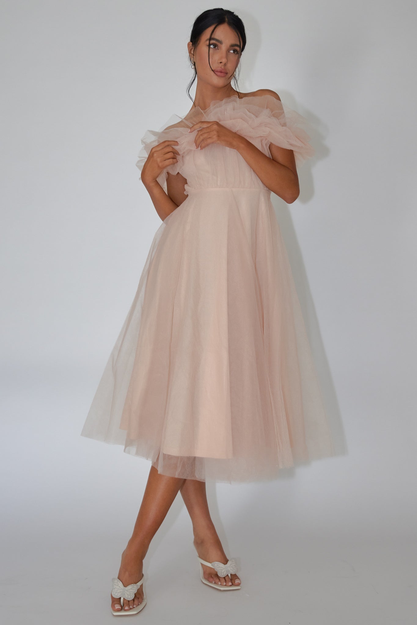 May Rose Off-Shoulder Tulle Midi Dress Taupe by Selfie Leslie