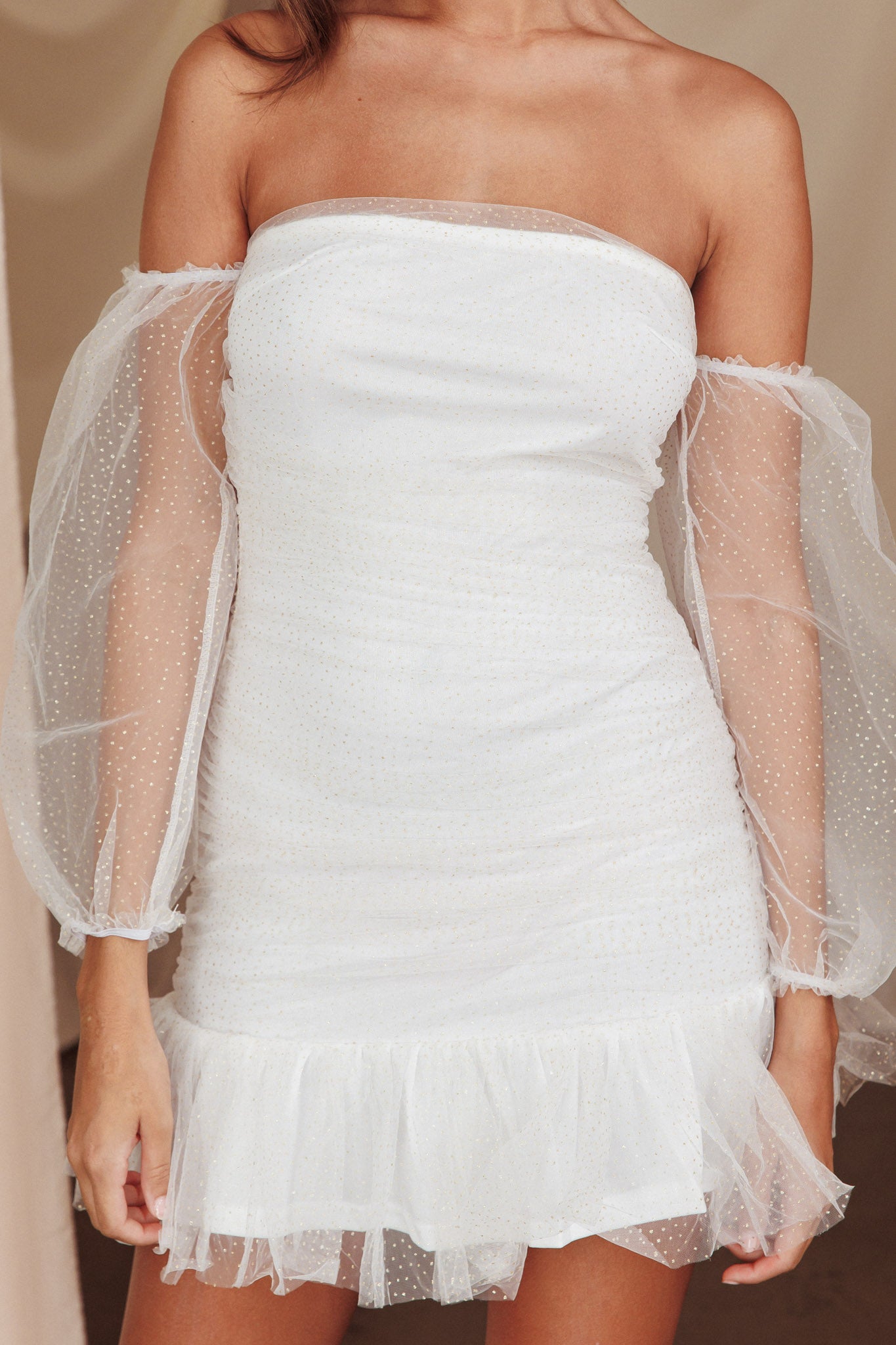 Moment In Time Off-Shoulder Mini Dress Ivory/Gold by Selfie Leslie