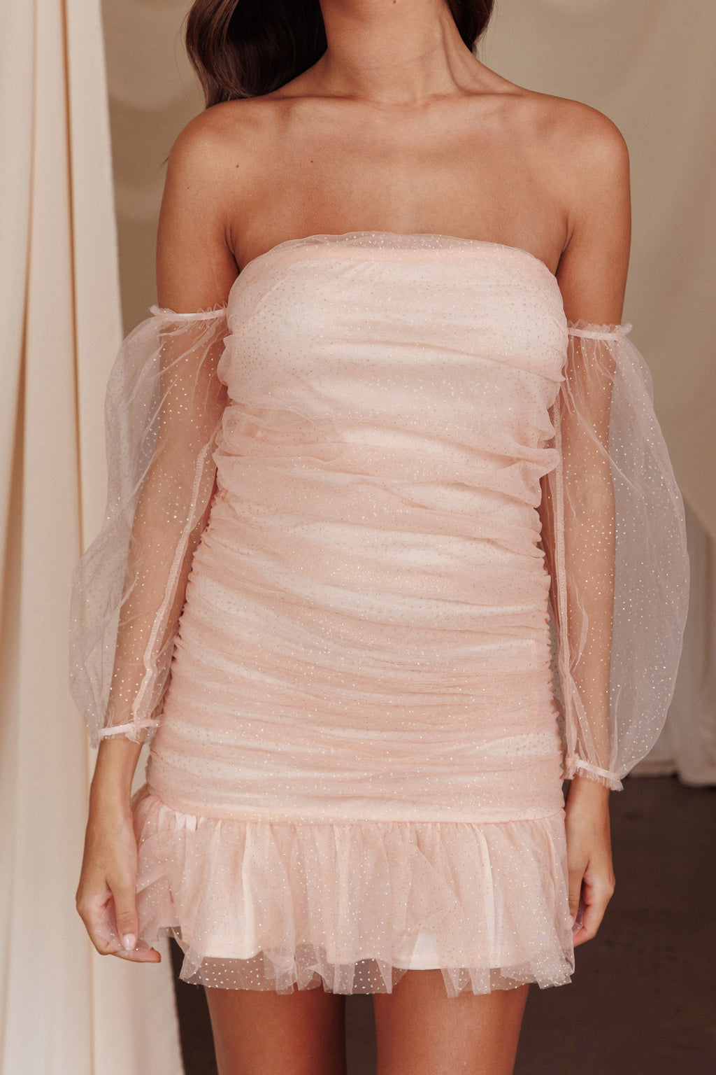 Moment In Time Off-Shoulder Mini Dress Peach/Gold by Selfie Leslie