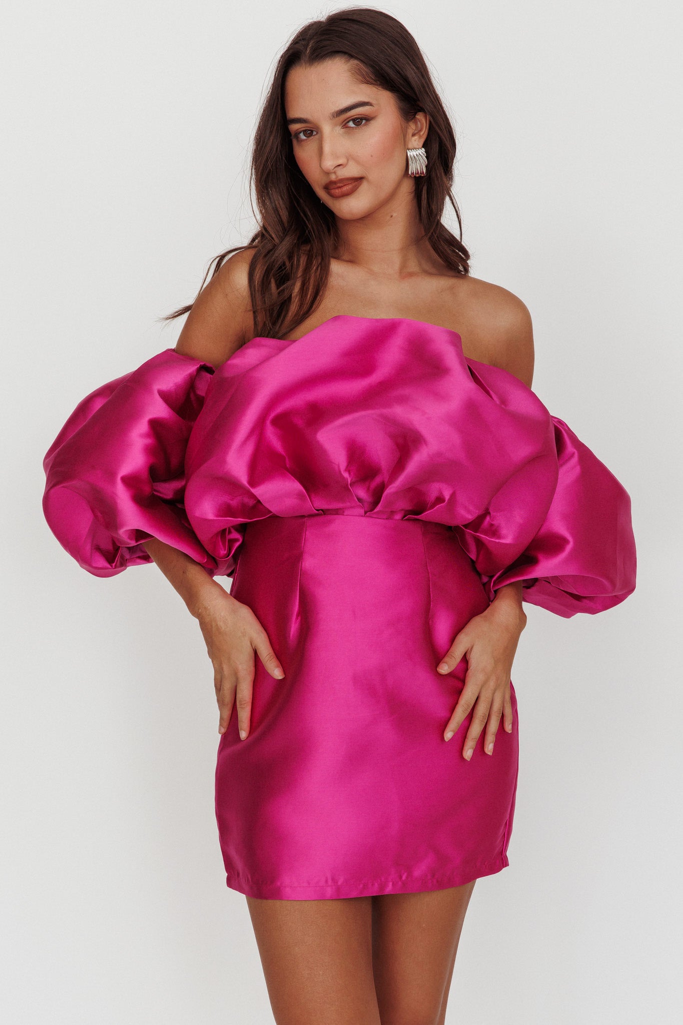 Shop the Dream Time Puffed Neckline Mini Dress Magenta