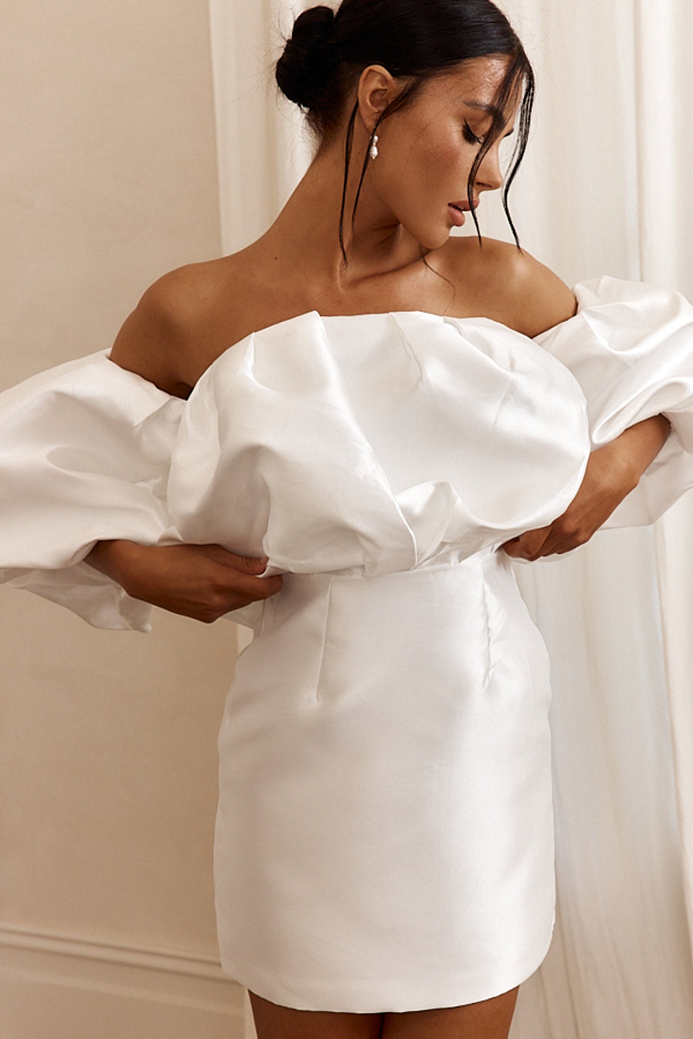 Dream Time Puffed Neckline Mini Dress Off White by Selfie Leslie