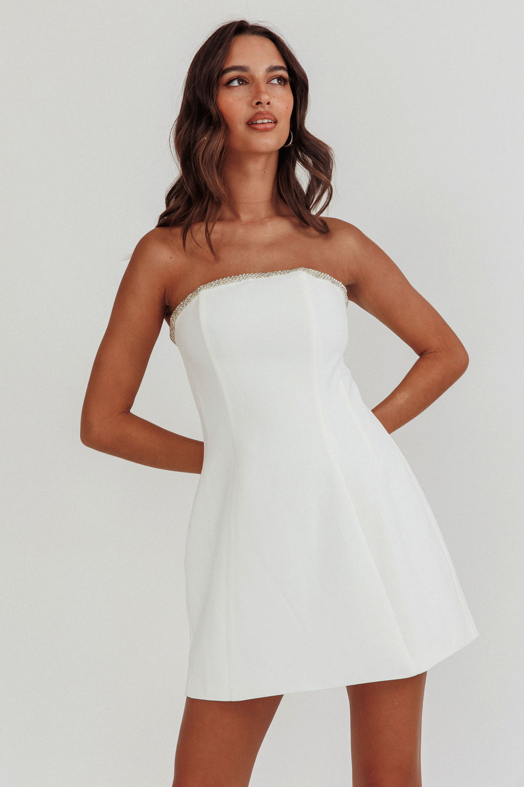 Macaila Rhinestone Trim Strapless Mini Dress Off White by Selfie Leslie