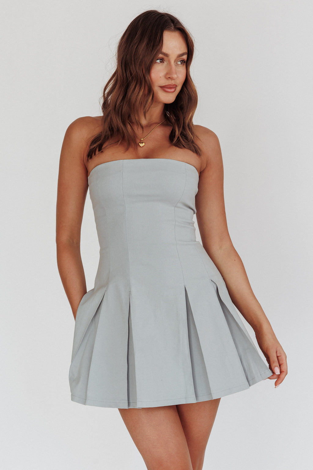 Jeziah Strapless Box Pleat Mini Dress Light Denim by Selfie Leslie
