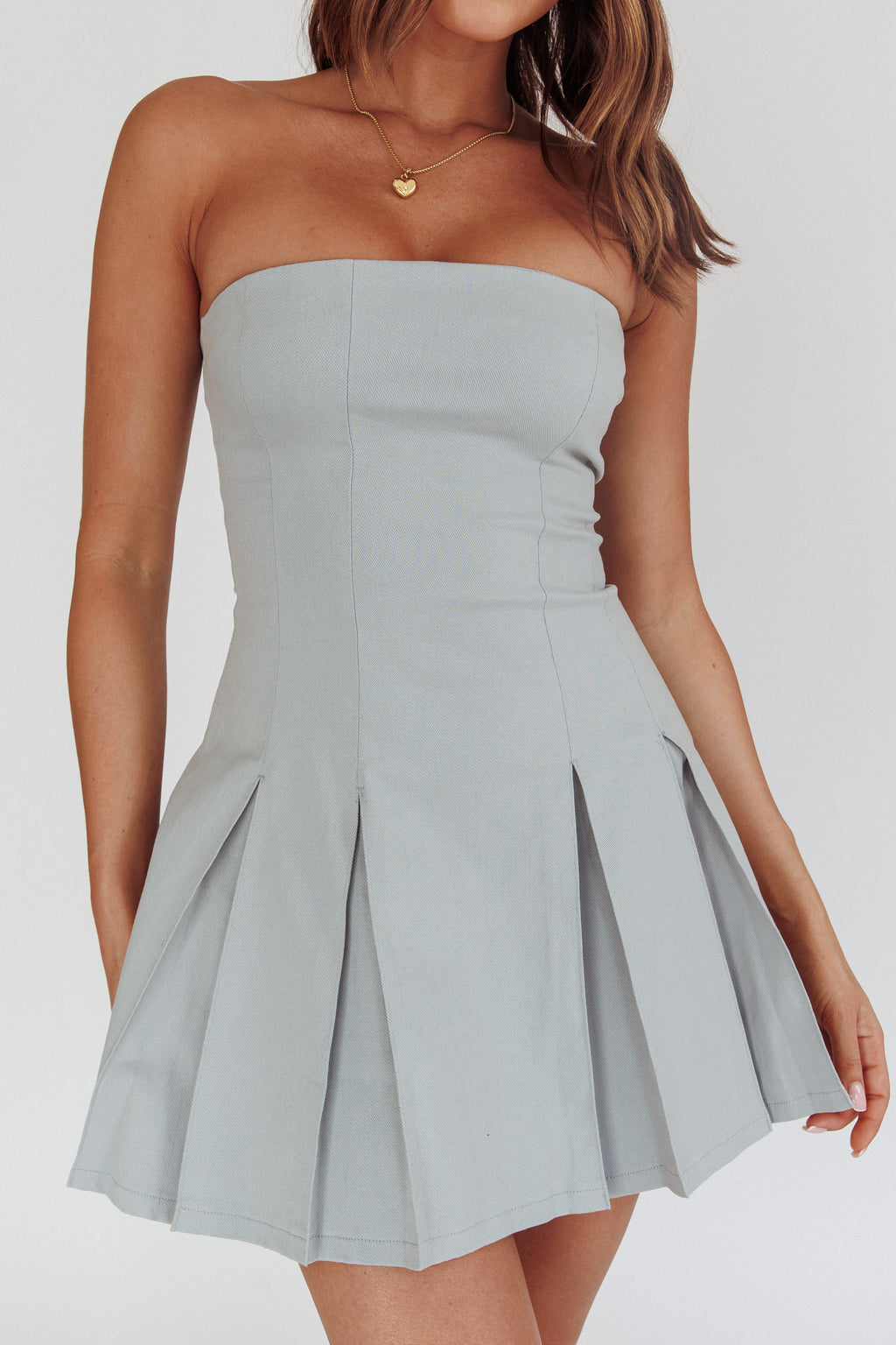 Jeziah Strapless Box Pleat Mini Dress Light Denim by Selfie Leslie