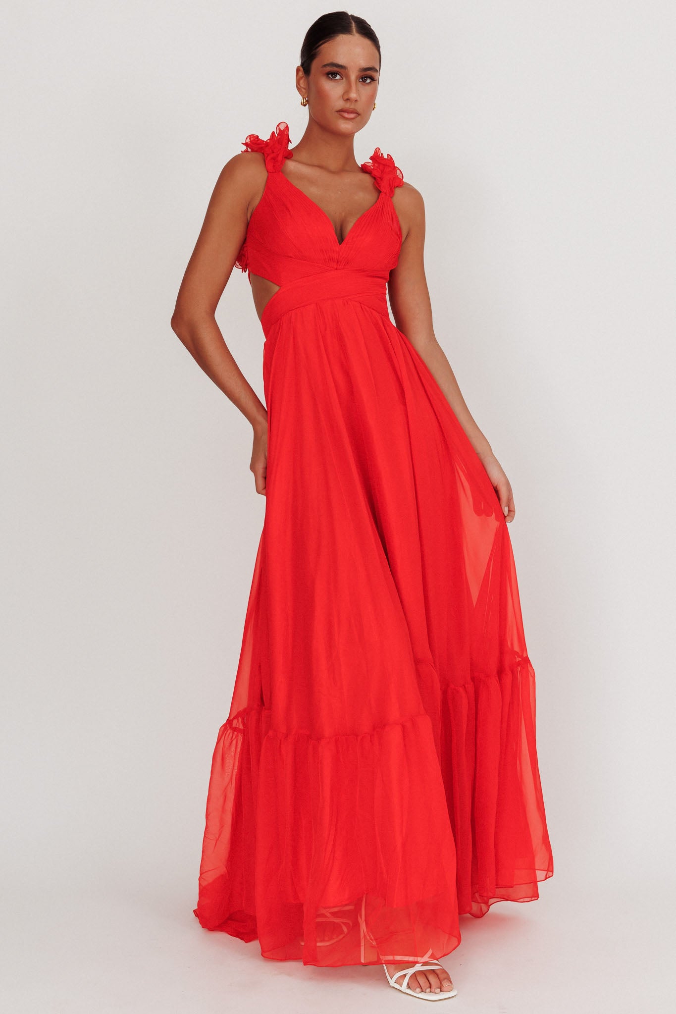 Bellamy Lace-Up Back Ruffle Maxi Dress Red by Selfie Leslie