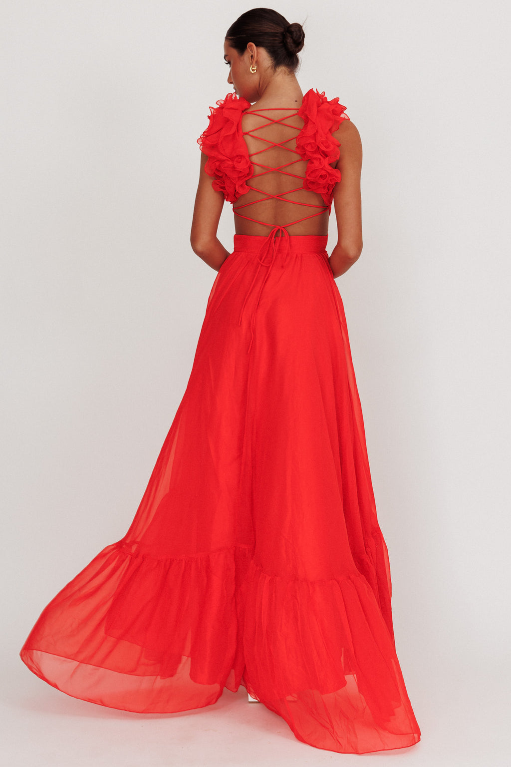 Bellamy Lace-Up Back Ruffle Maxi Dress Red by Selfie Leslie