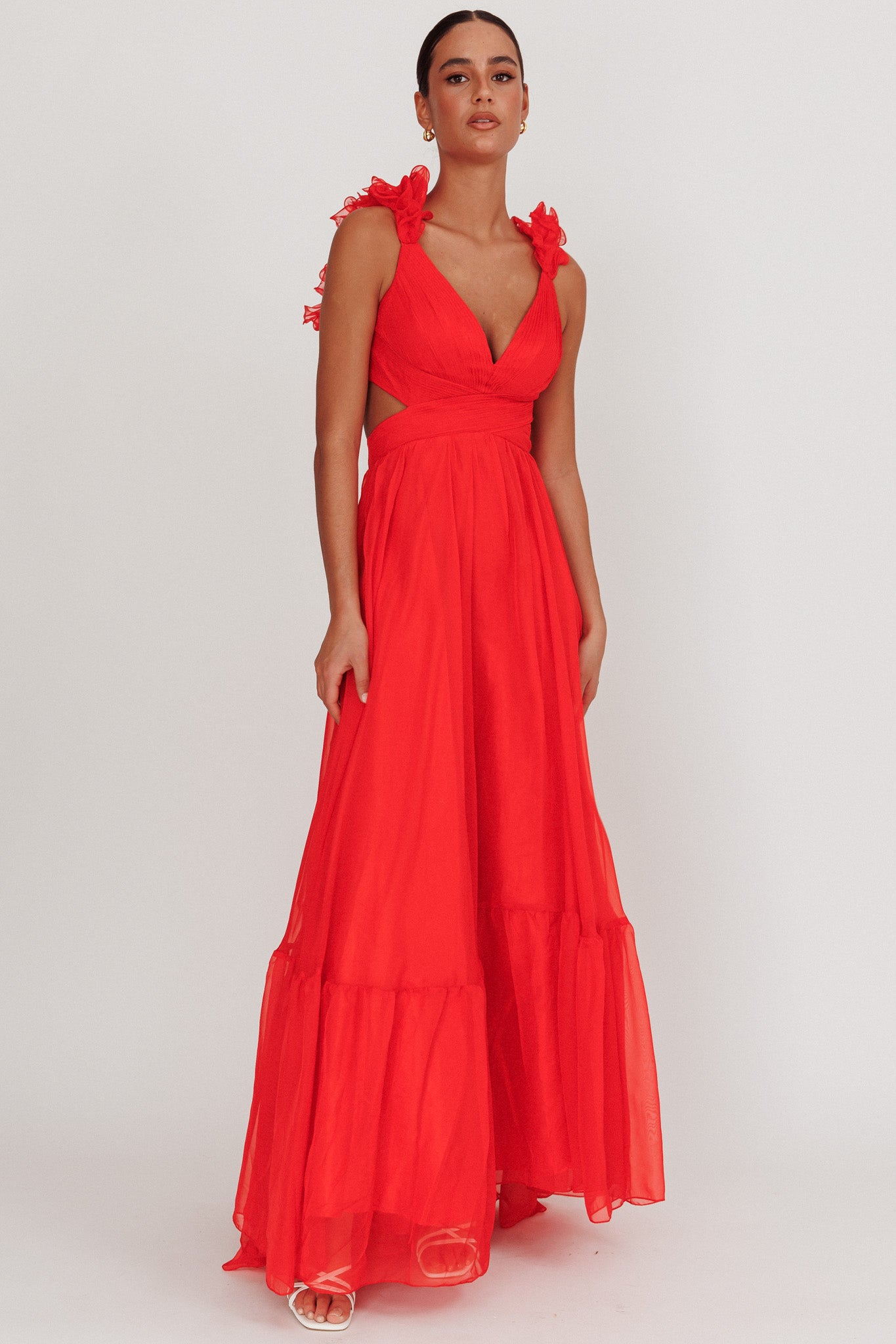 Bellamy Lace-Up Back Ruffle Maxi Dress Red by Selfie Leslie