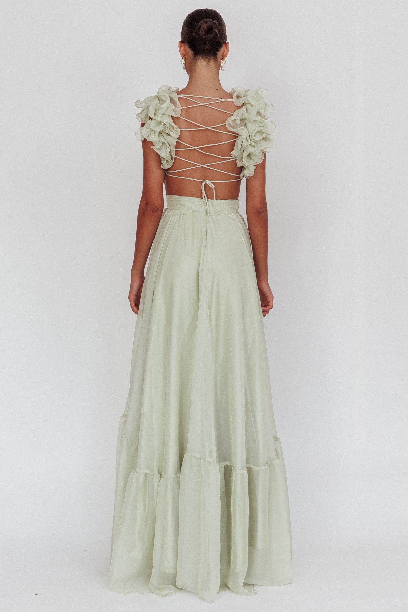 Bellamy Lace-Up Back Ruffle Maxi Dress Sage Bellamy Lace-Up Back Ruffle Maxi Dress Sage