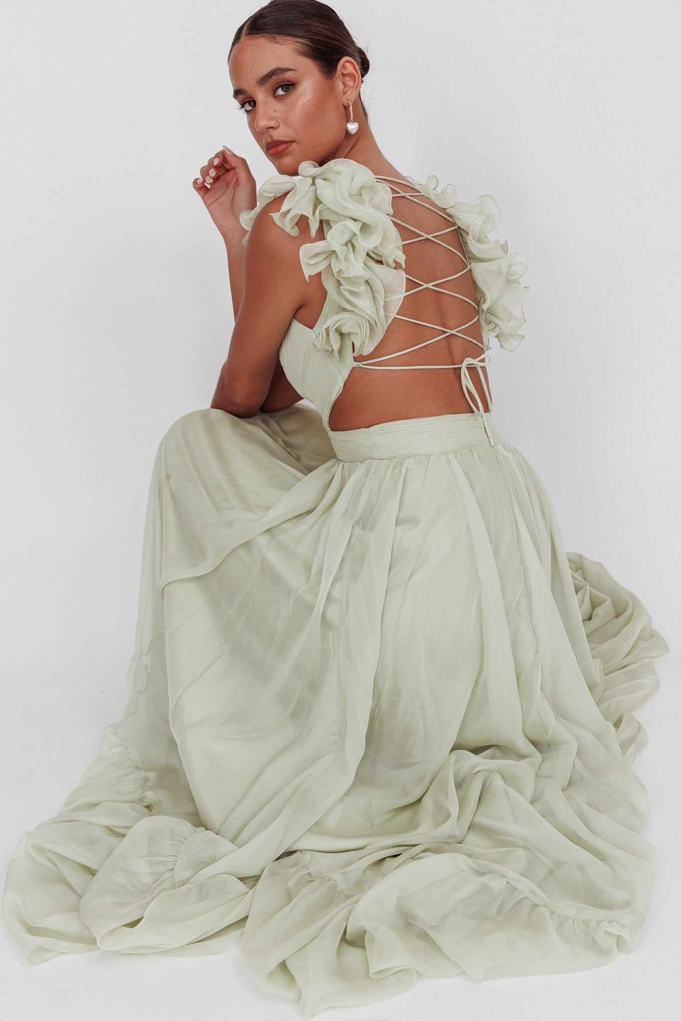 Bellamy Lace-Up Back Ruffle Maxi Dress Sage Bellamy Lace-Up Back Ruffle Maxi Dress Sage