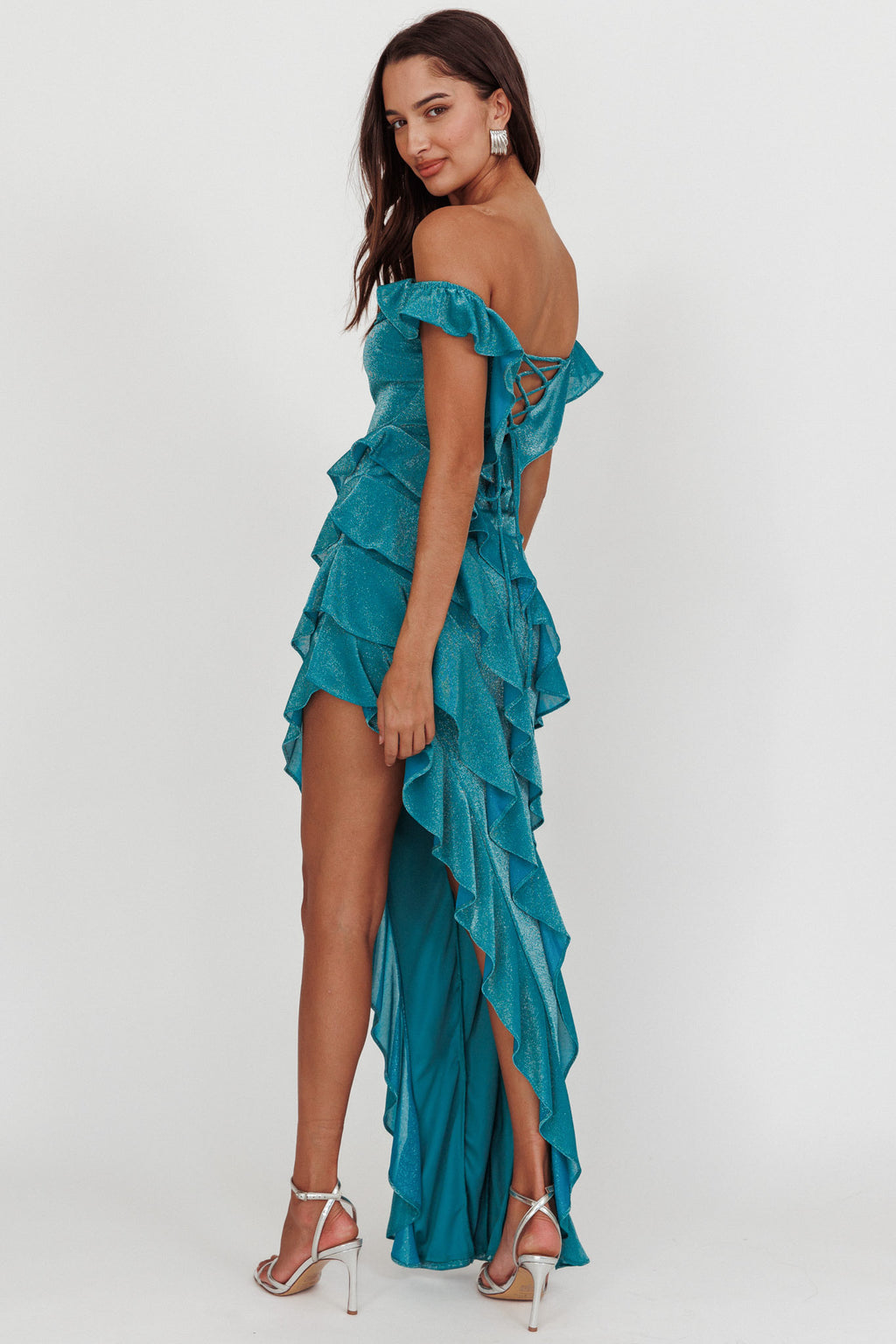 So Into You Off Shoulder Glitter Ruffle Dress Jade by Selfie Leslie