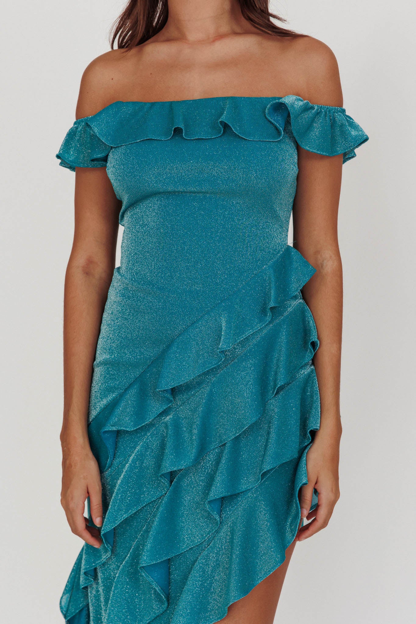So Into You Off Shoulder Glitter Ruffle Dress Jade by Selfie Leslie