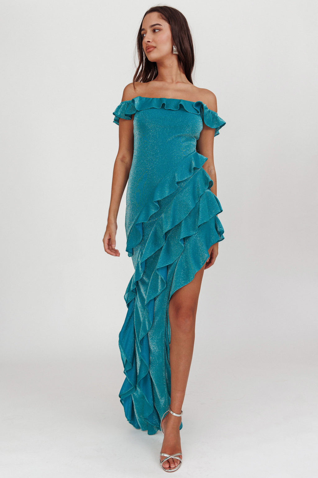 So Into You Off Shoulder Glitter Ruffle Dress Jade by Selfie Leslie