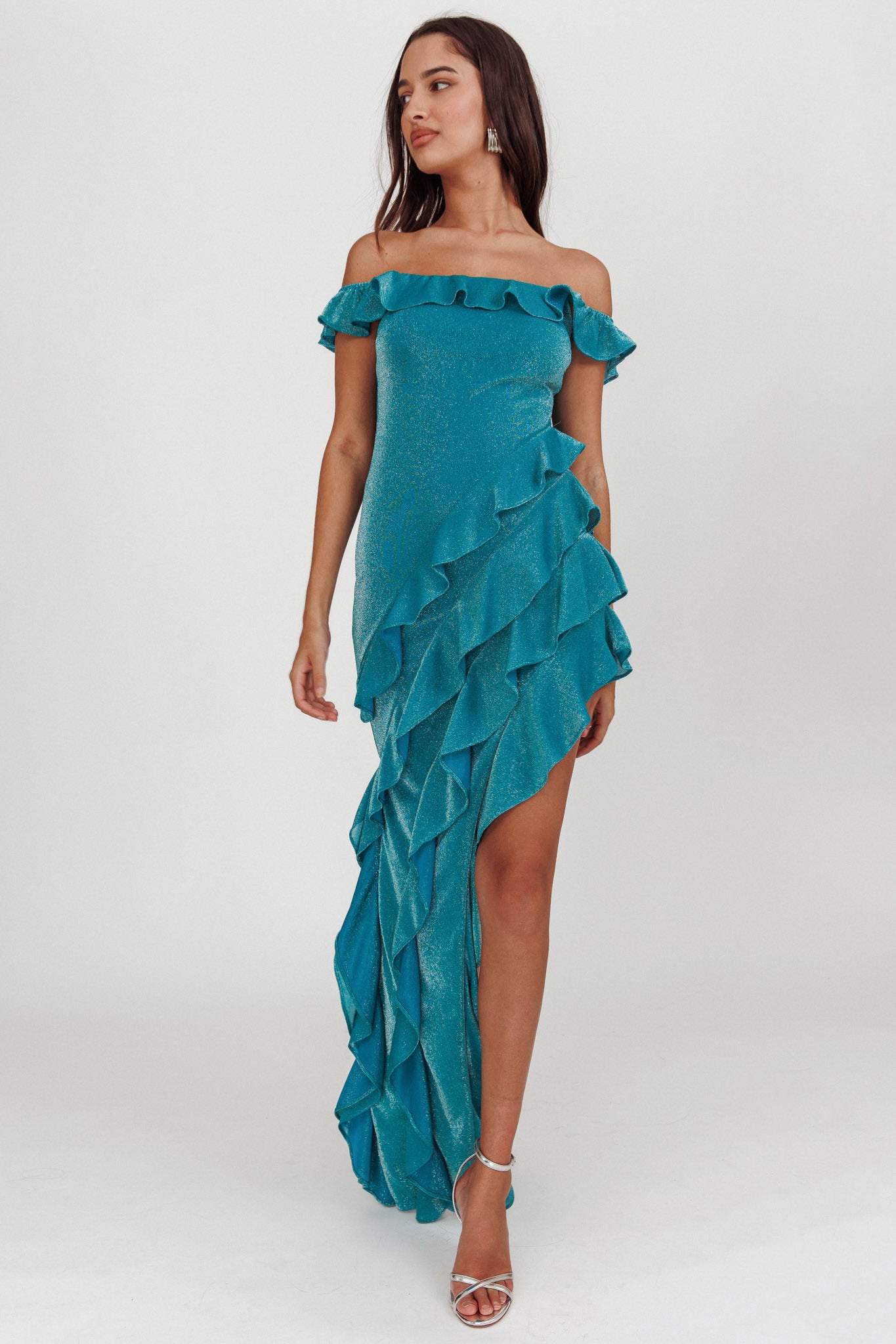 So Into You Off Shoulder Glitter Ruffle Dress Jade by Selfie Leslie