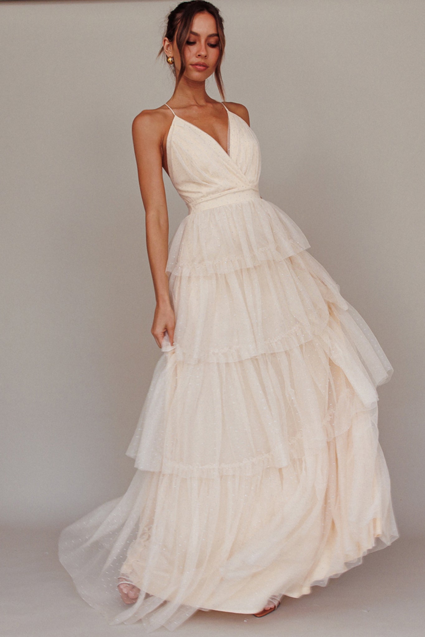 Seylah Tiered Frill Maxi Dress Glitter Cream by Selfie Leslie