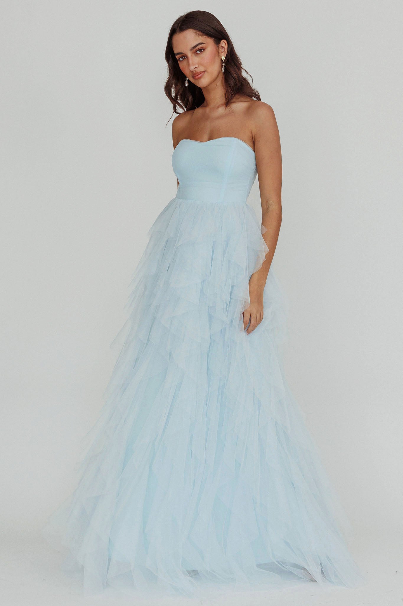 fitted lace wedding dress Rori Tulle Cascade Maxi Dress Blue