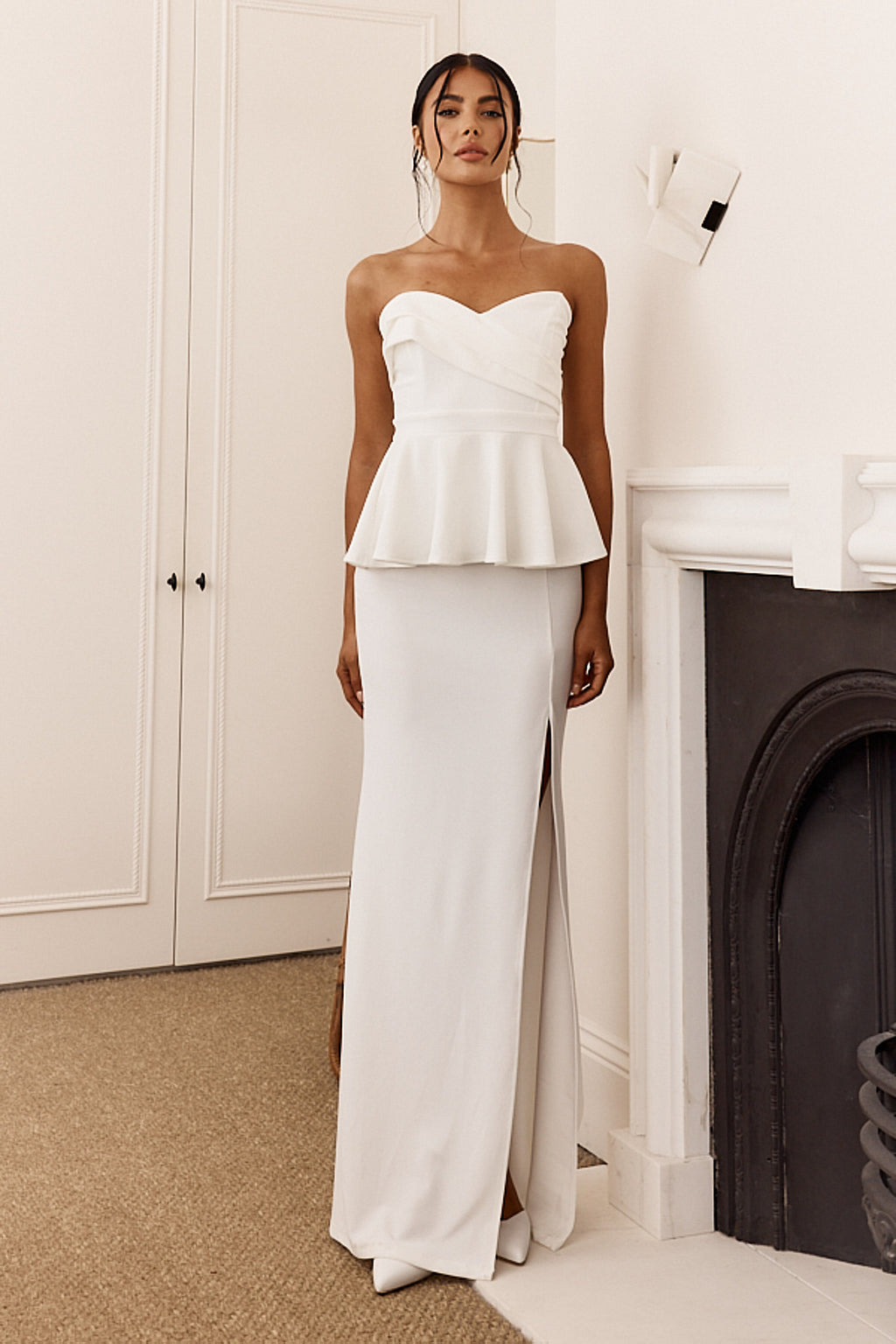 Evergrace Strapless Peplum Maxi Dress Ivory by Selfie Leslie