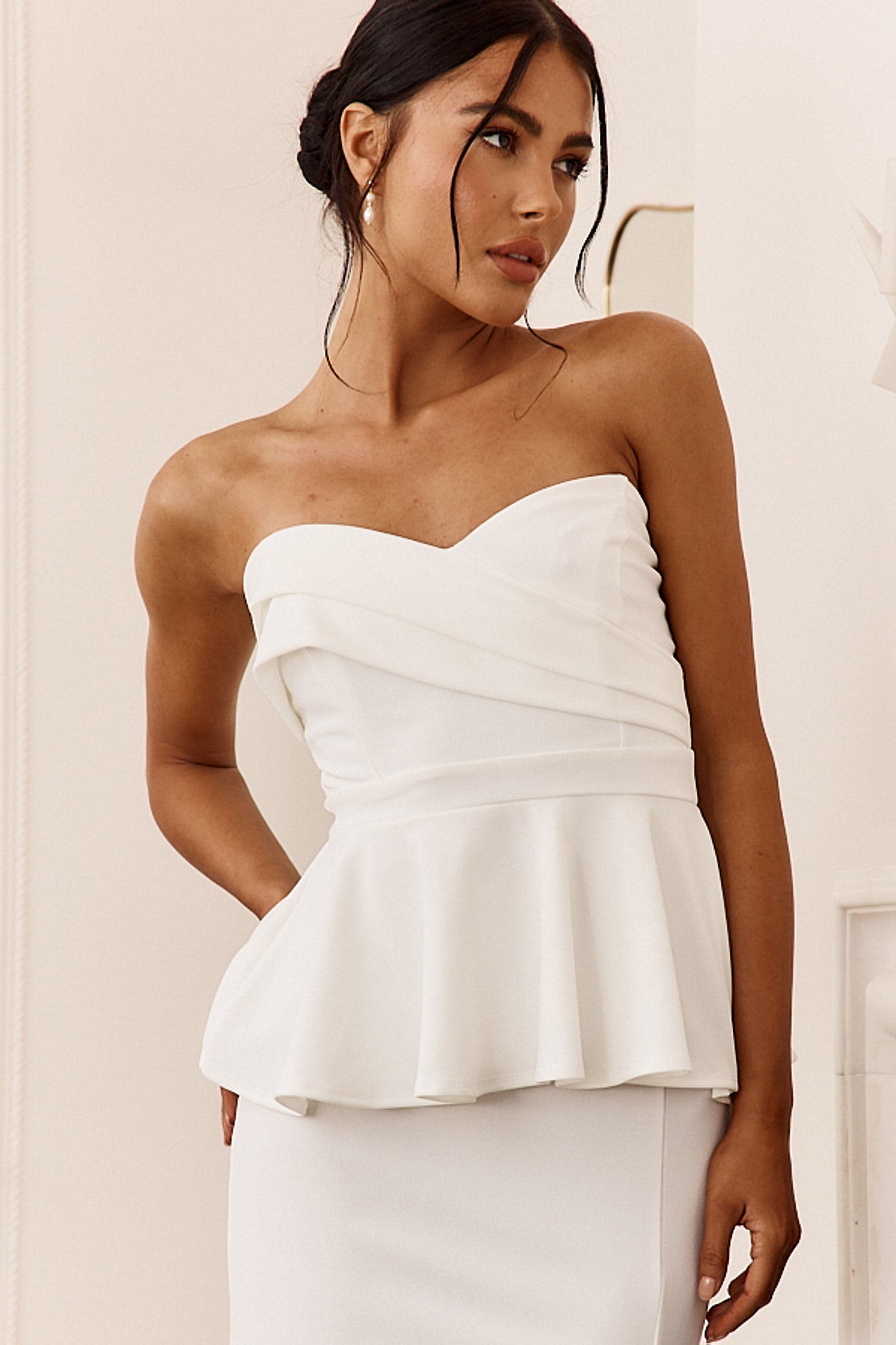 Evergrace Strapless Peplum Maxi Dress Ivory Selfie Leslie Evergrace Strapless Peplum Maxi Dress Ivory Selfie Leslie