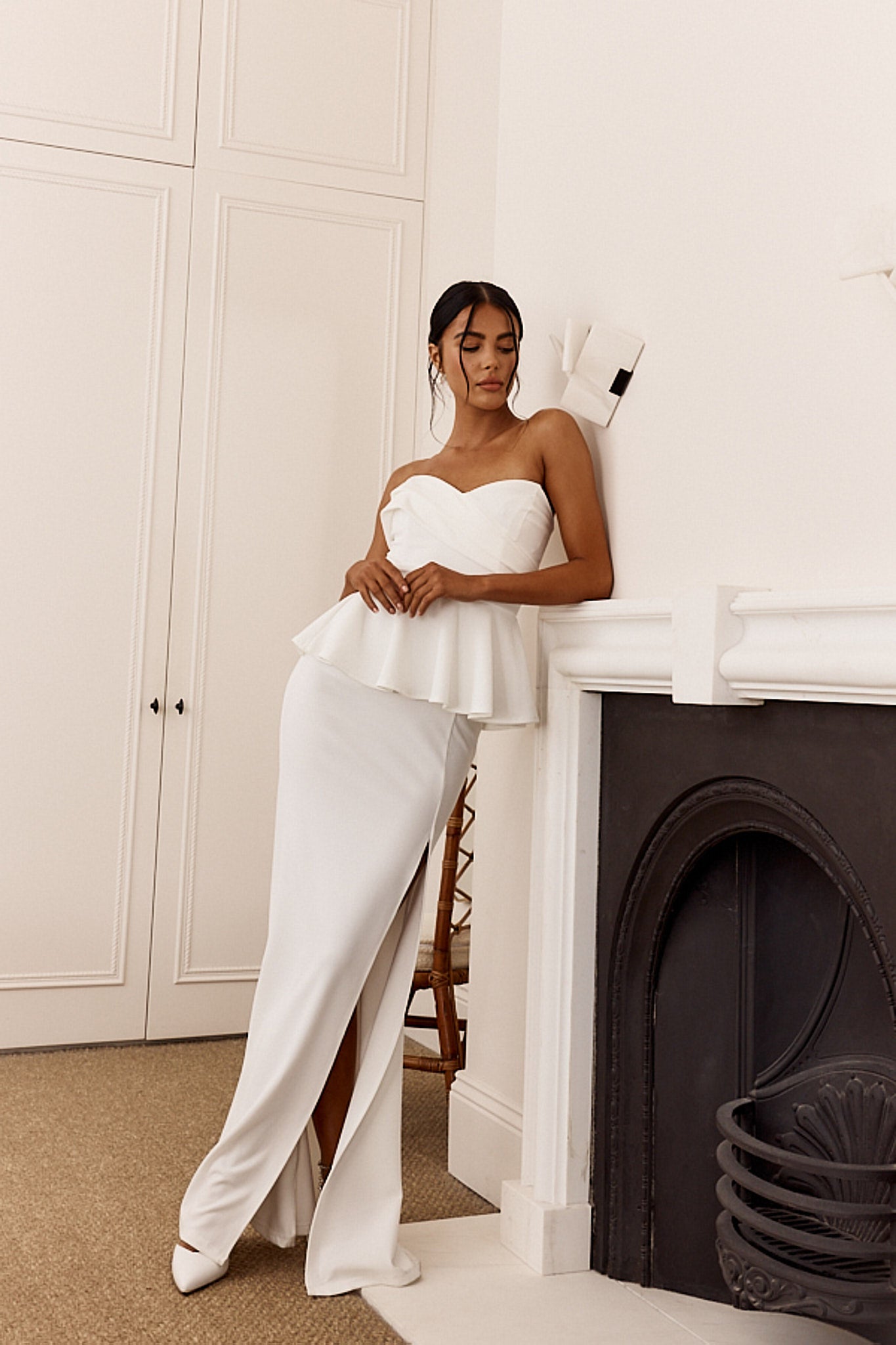 Evergrace Strapless Peplum Maxi Dress Ivory by Selfie Leslie