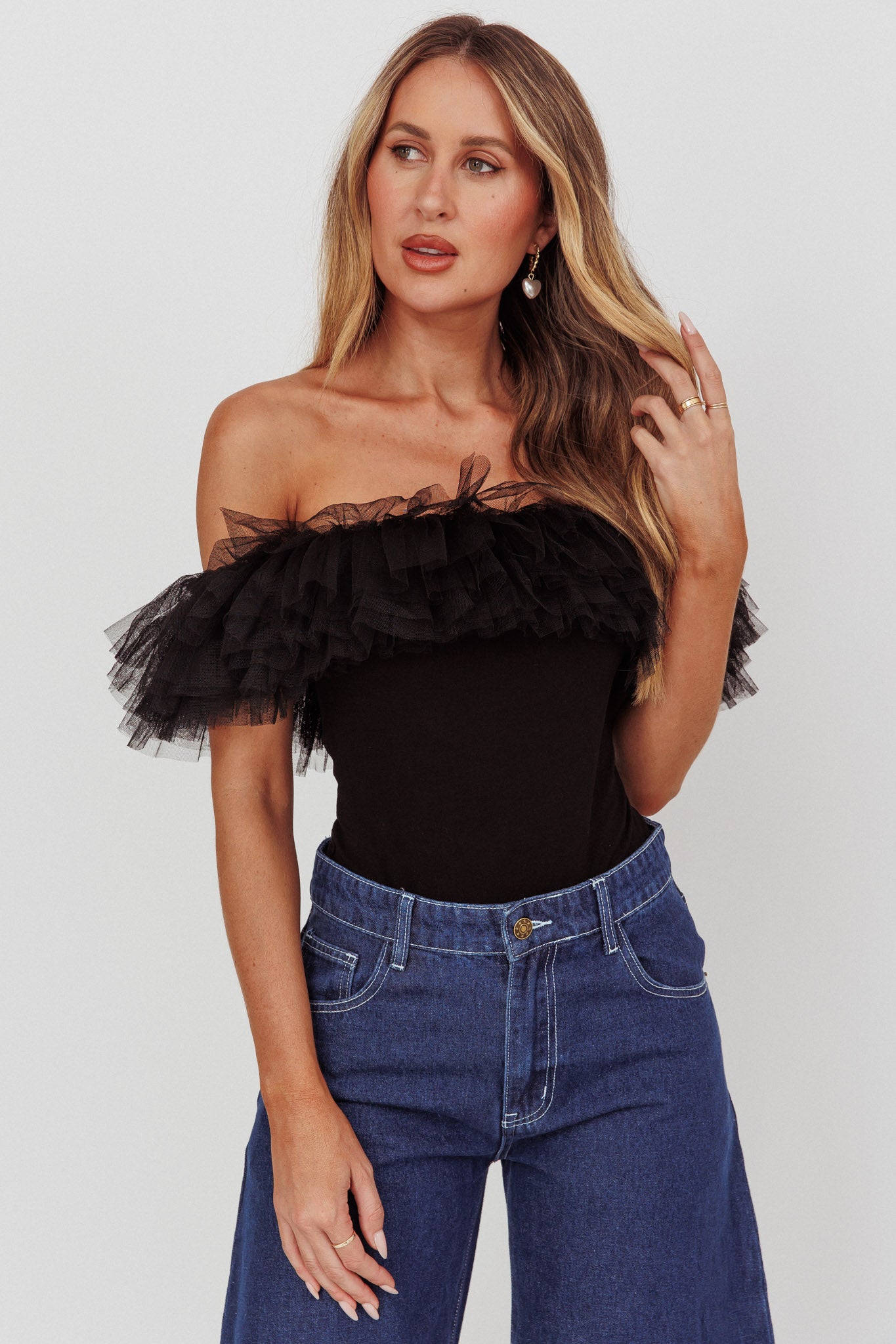 Opera Night Tulle Off-Shoulder Bodysuit Black by Selfie Leslie