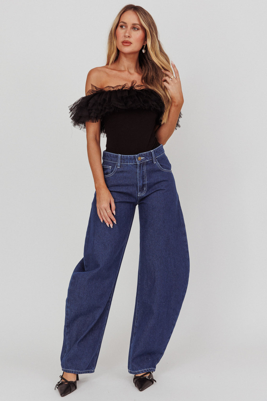 Opera Night Tulle Off-Shoulder Bodysuit Black by Selfie Leslie