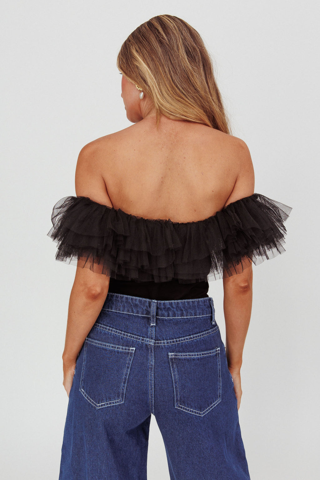 Opera Night Tulle Off-Shoulder Bodysuit Black by Selfie Leslie