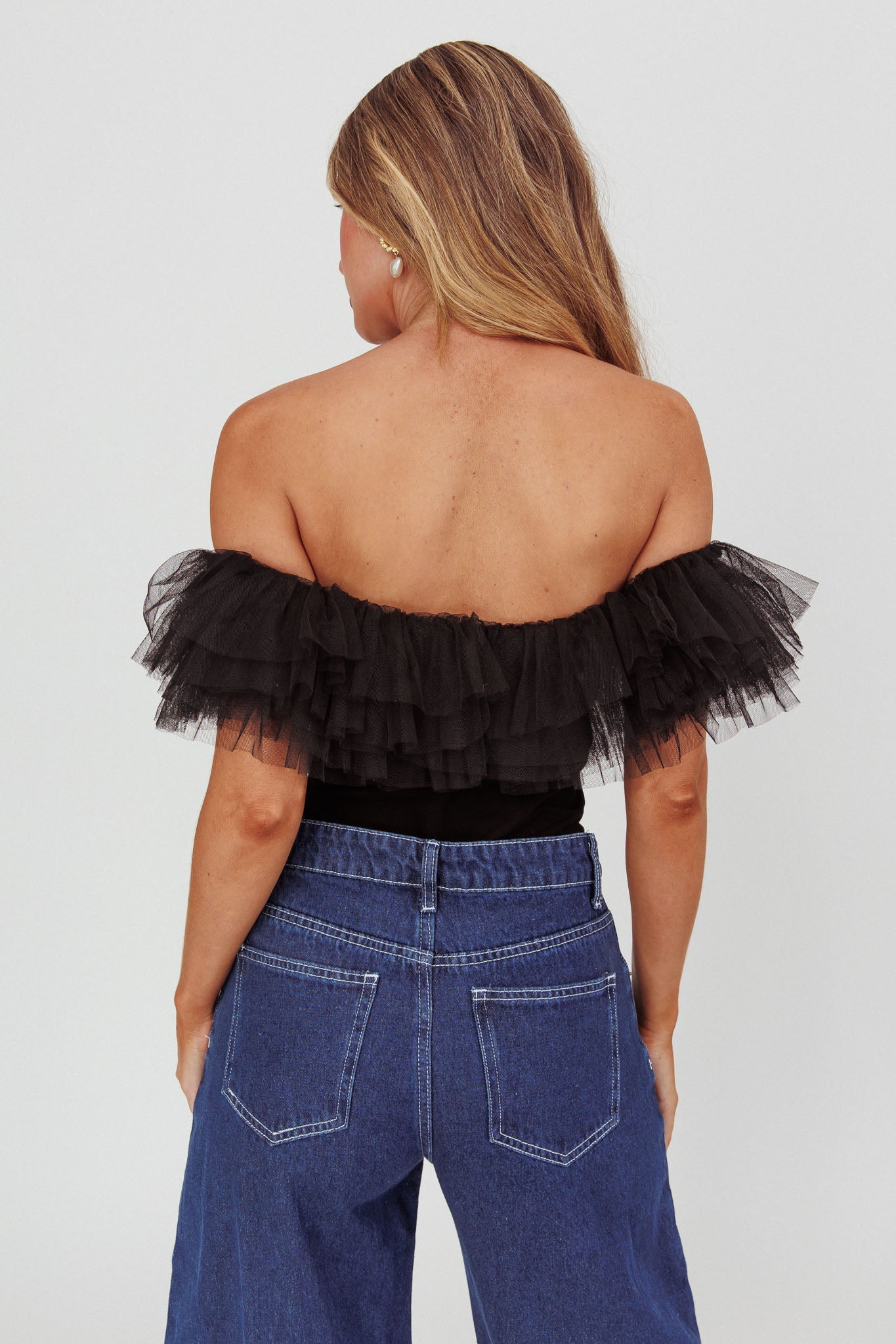 Opera Night Tulle Off-Shoulder Bodysuit Black by Selfie Leslie