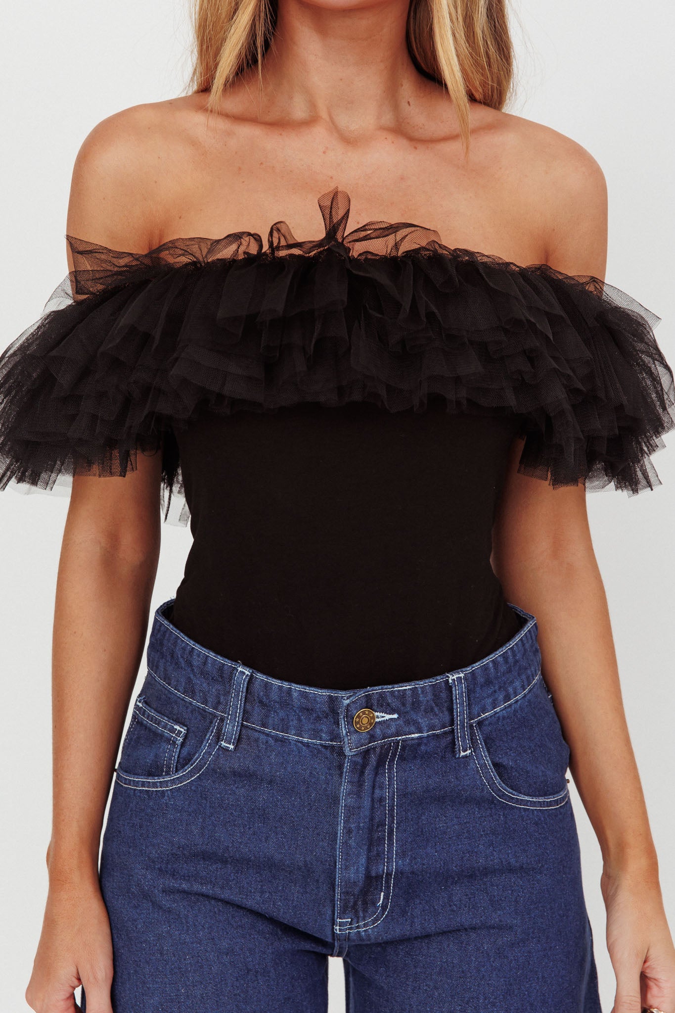 Opera Night Tulle Off-Shoulder Bodysuit Black by Selfie Leslie