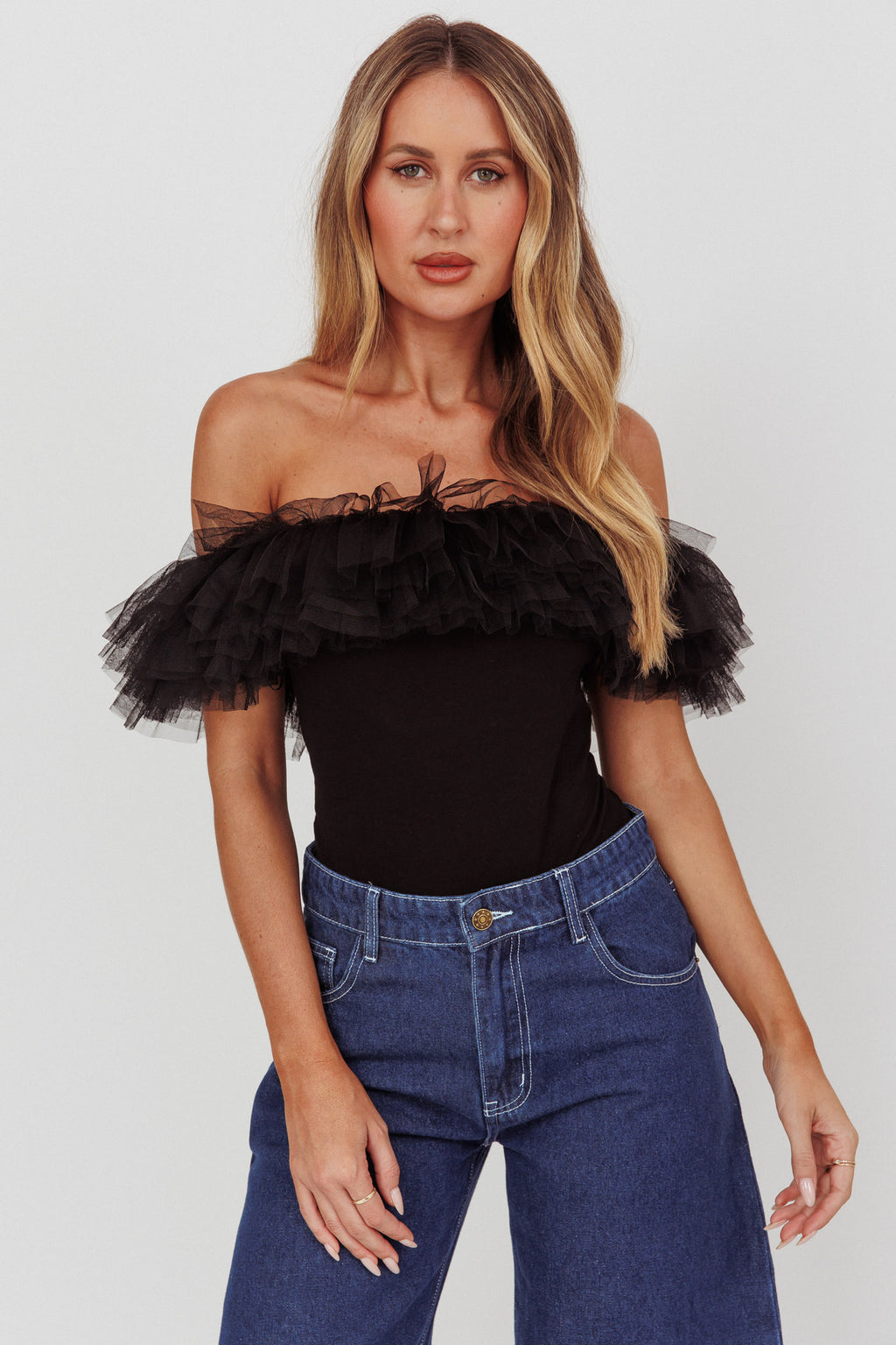 Opera Night Tulle Off-Shoulder Bodysuit Black by Selfie Leslie
