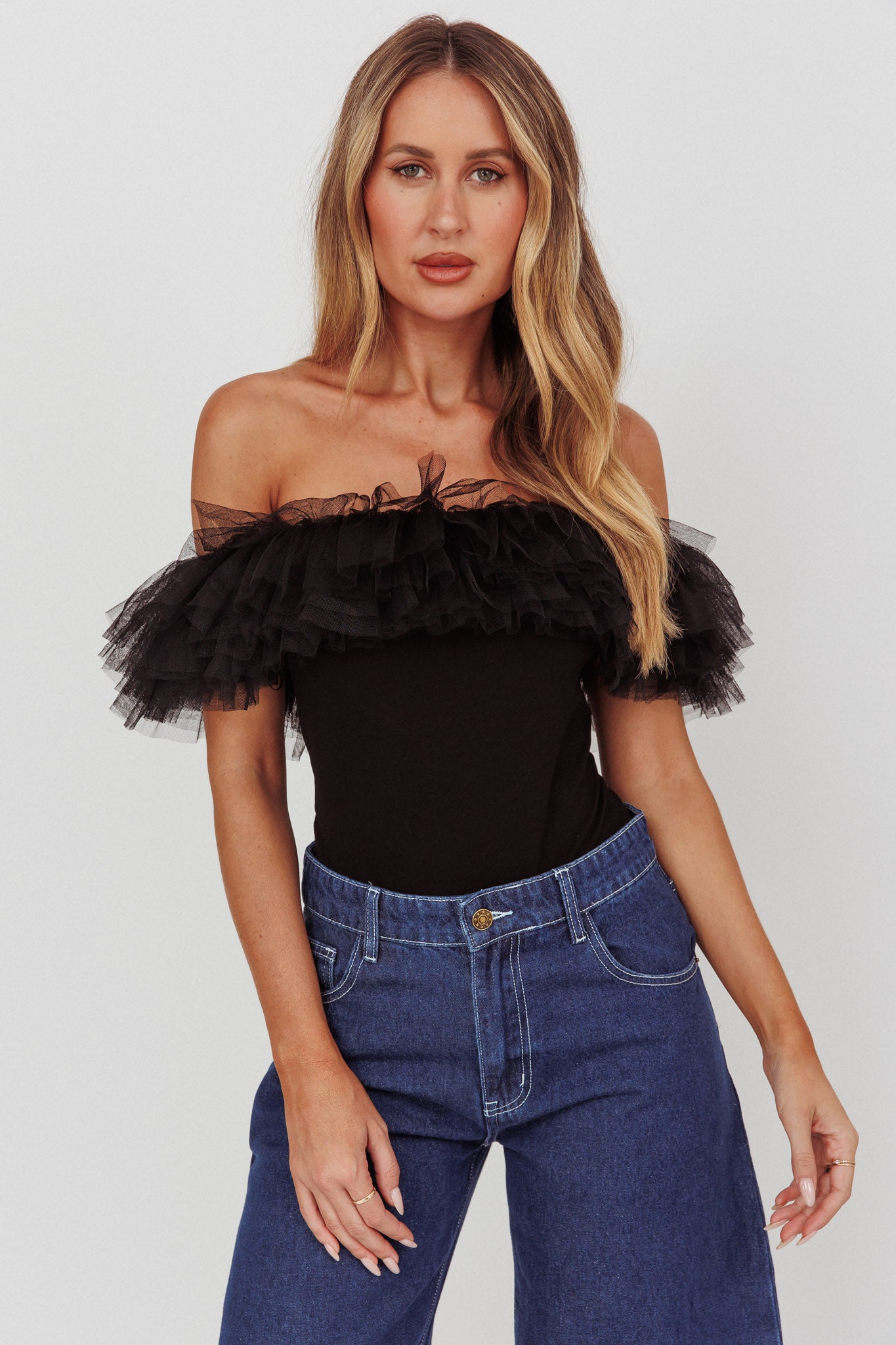 Opera Night Tulle Off-Shoulder Bodysuit Black by Selfie Leslie