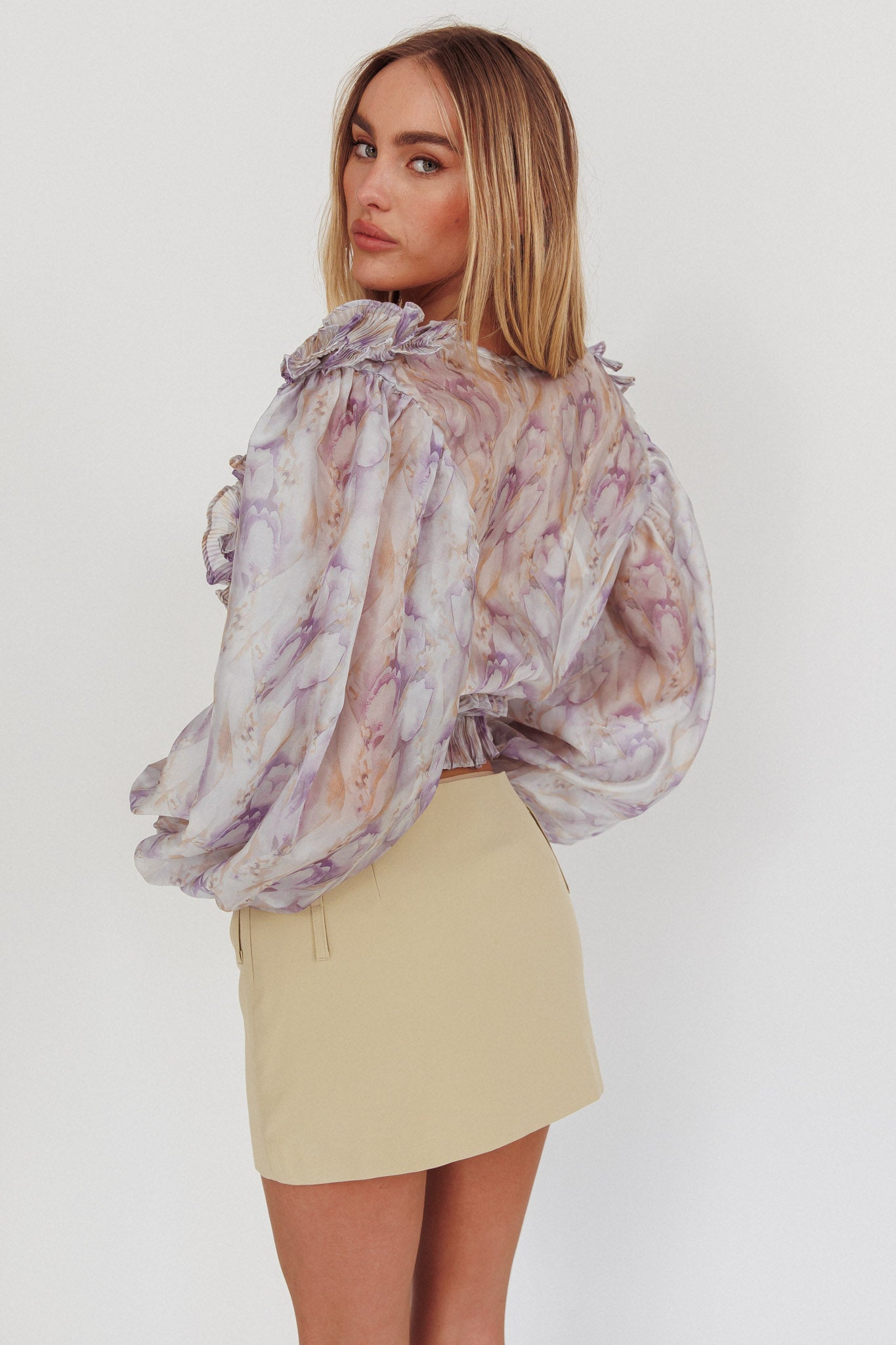 Forever Young Balloon Sleeves Cropped Blouse Purple Multi by Selfie Leslie