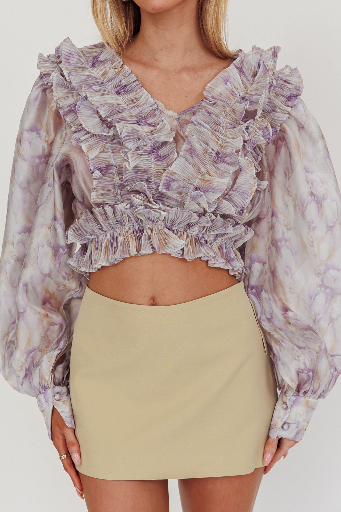 Forever Young Balloon Sleeves Cropped Blouse Purple Multi by Selfie Leslie