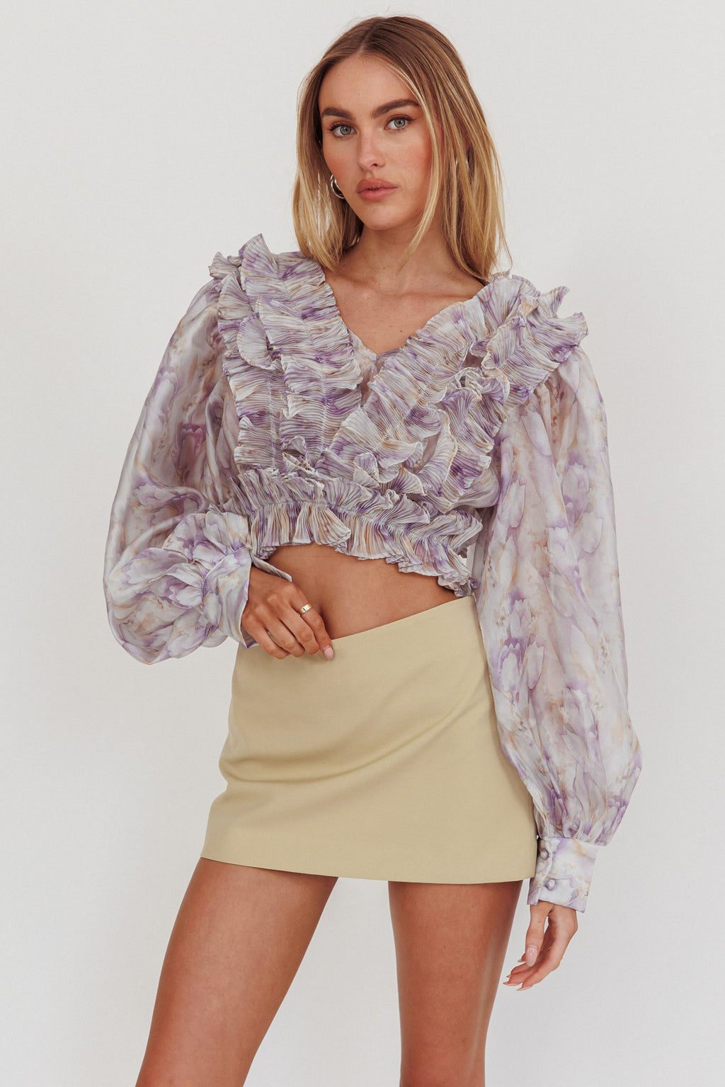Forever Young Balloon Sleeves Cropped Blouse Purple Multi by Selfie Leslie