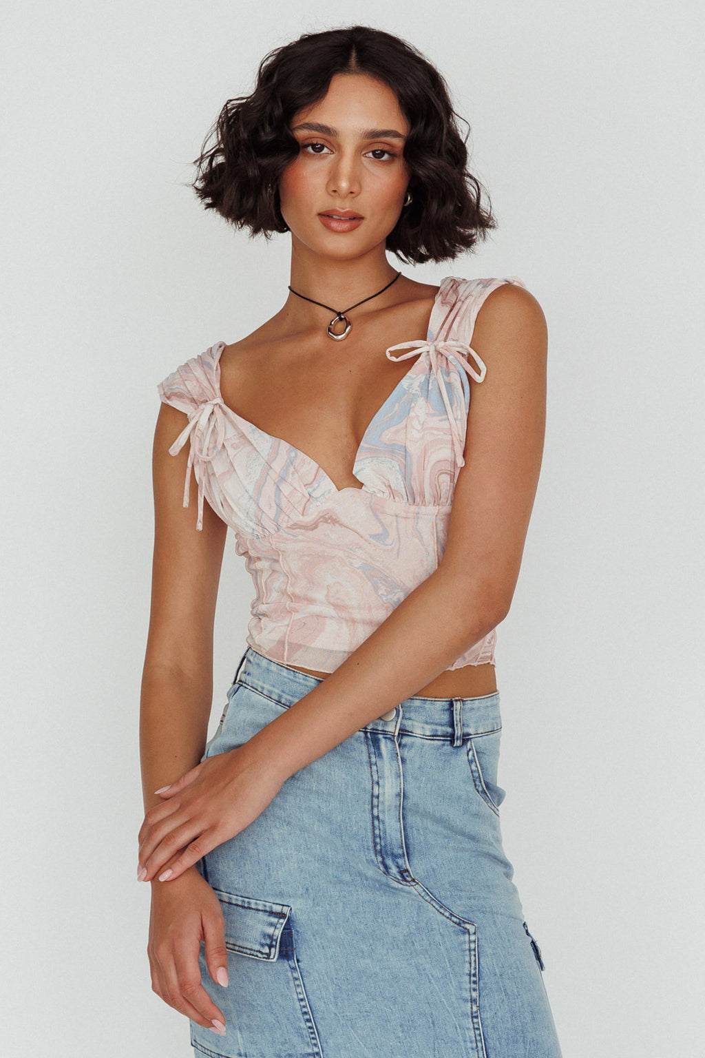 Fairfax Shoulder Tie Crop Top Pink Multi by Selfie Leslie