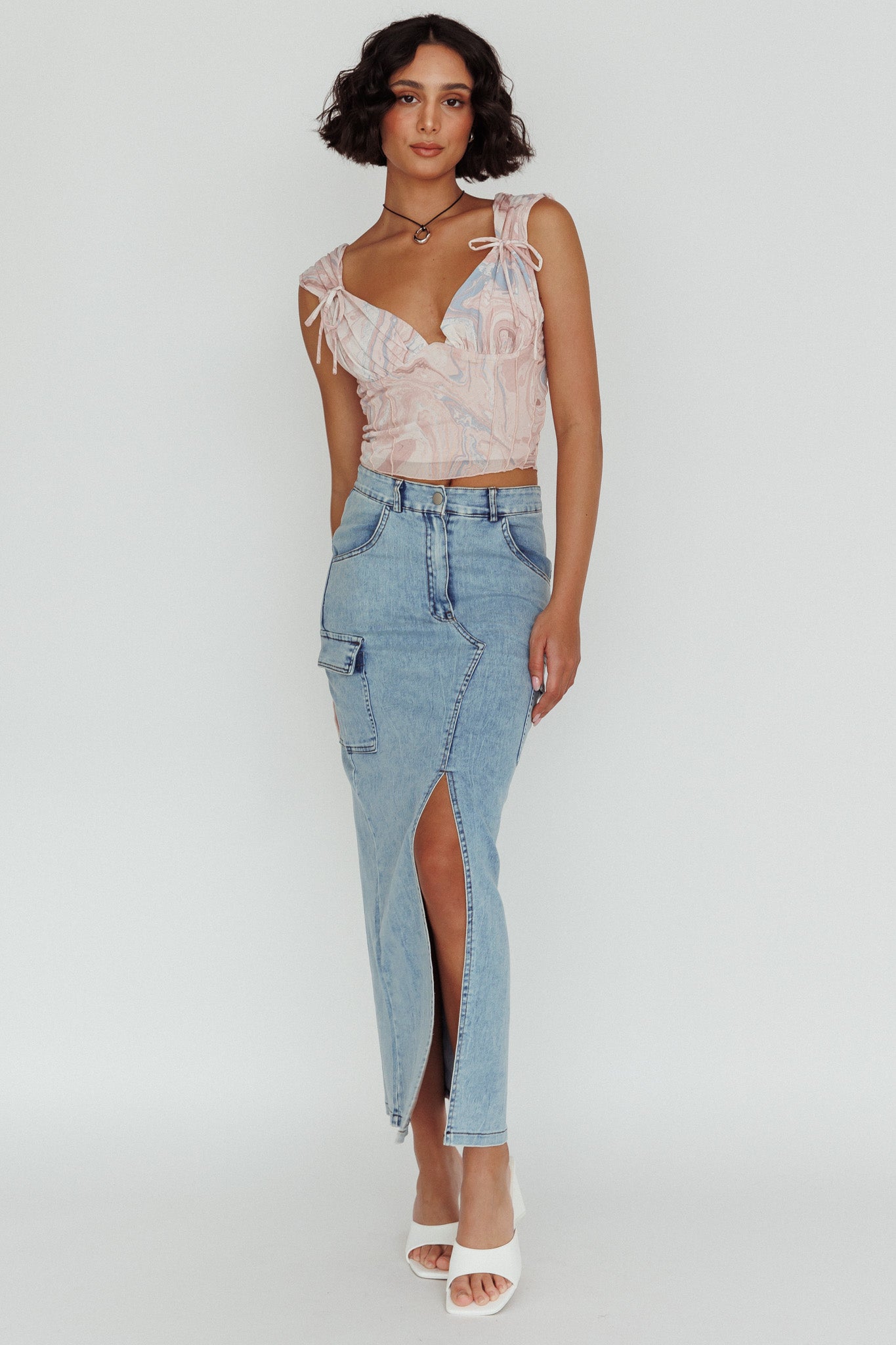 Fairfax Shoulder Tie Crop Top Pink Multi by Selfie Leslie
