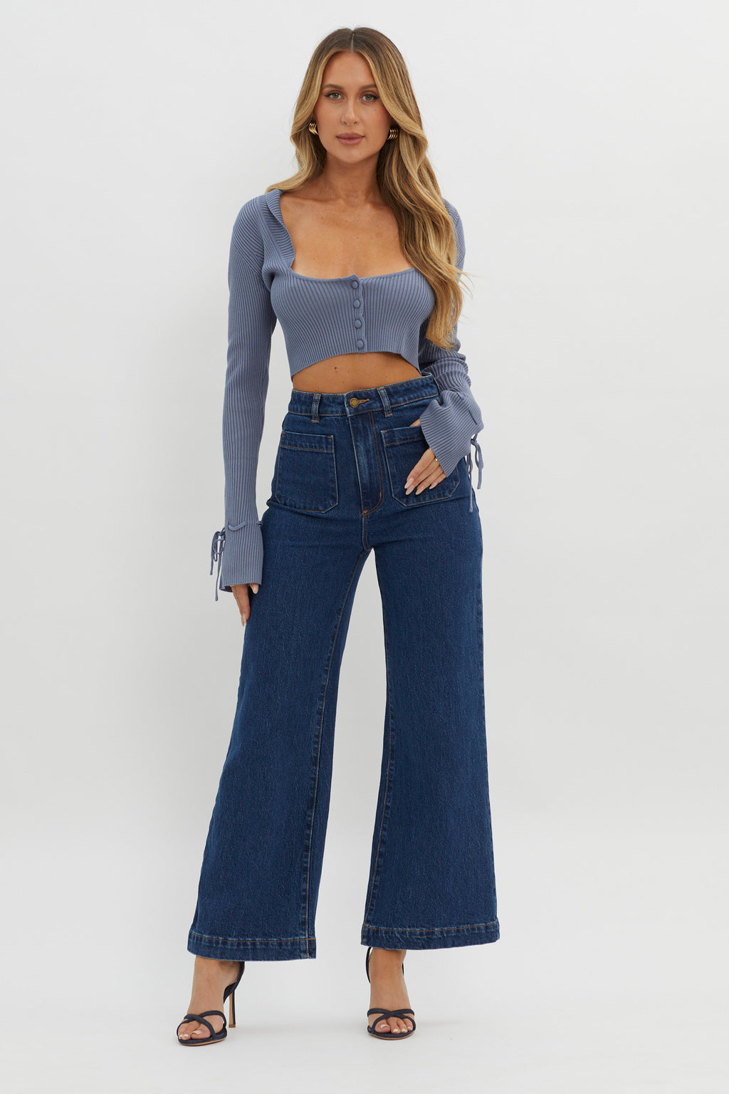 Pippi Flared Cuff Knit Crop Top Dusty Blue by Selfie Leslie