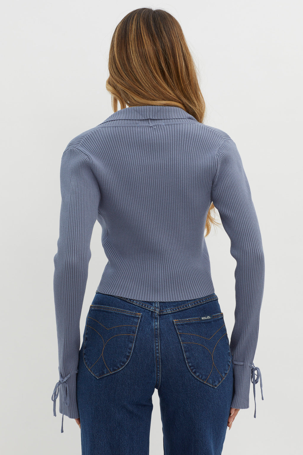 Pippi Flared Cuff Knit Crop Top Dusty Blue by Selfie Leslie