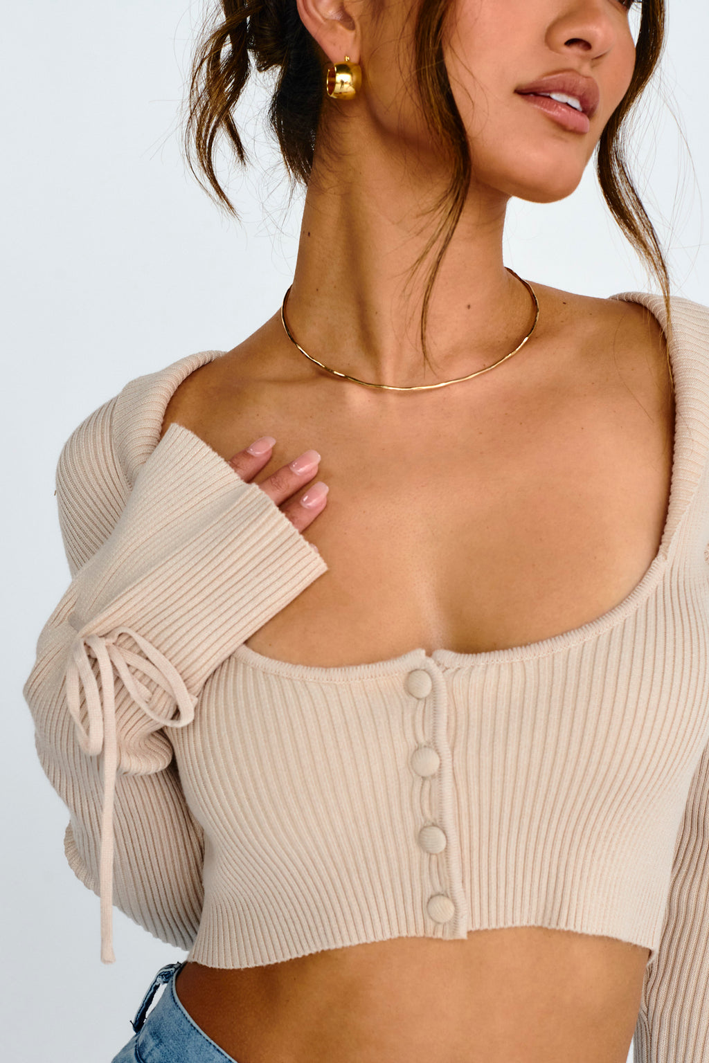 Pippi Flared Cuff Knit Crop Top Taupe by Selfie Leslie