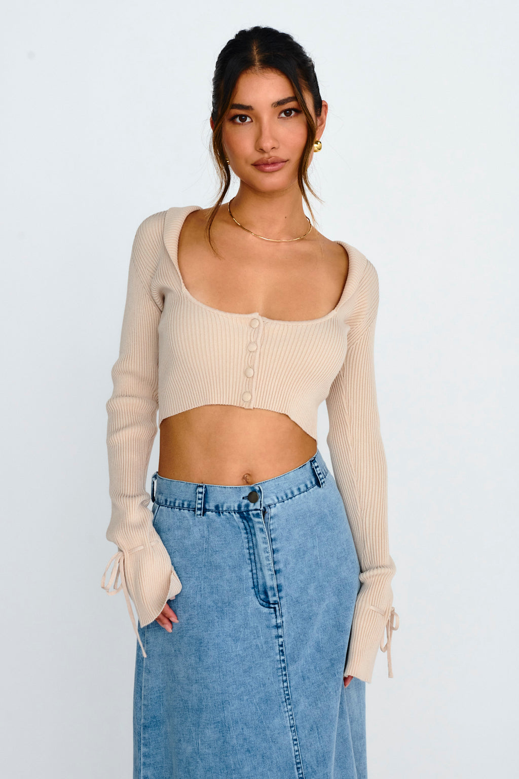 Pippi Flared Cuff Knit Crop Top Taupe by Selfie Leslie