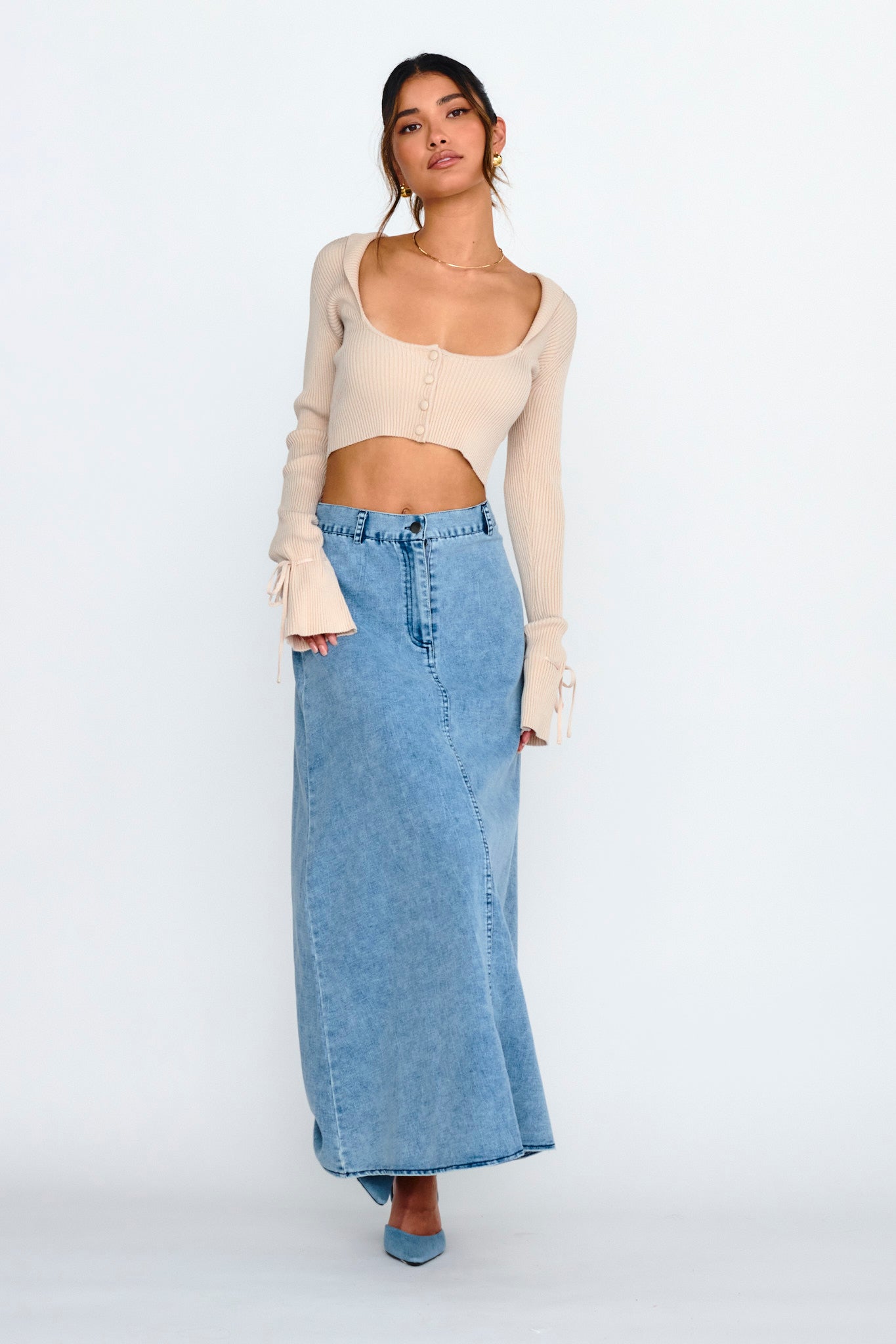 Pippi Flared Cuff Knit Crop Top Taupe by Selfie Leslie