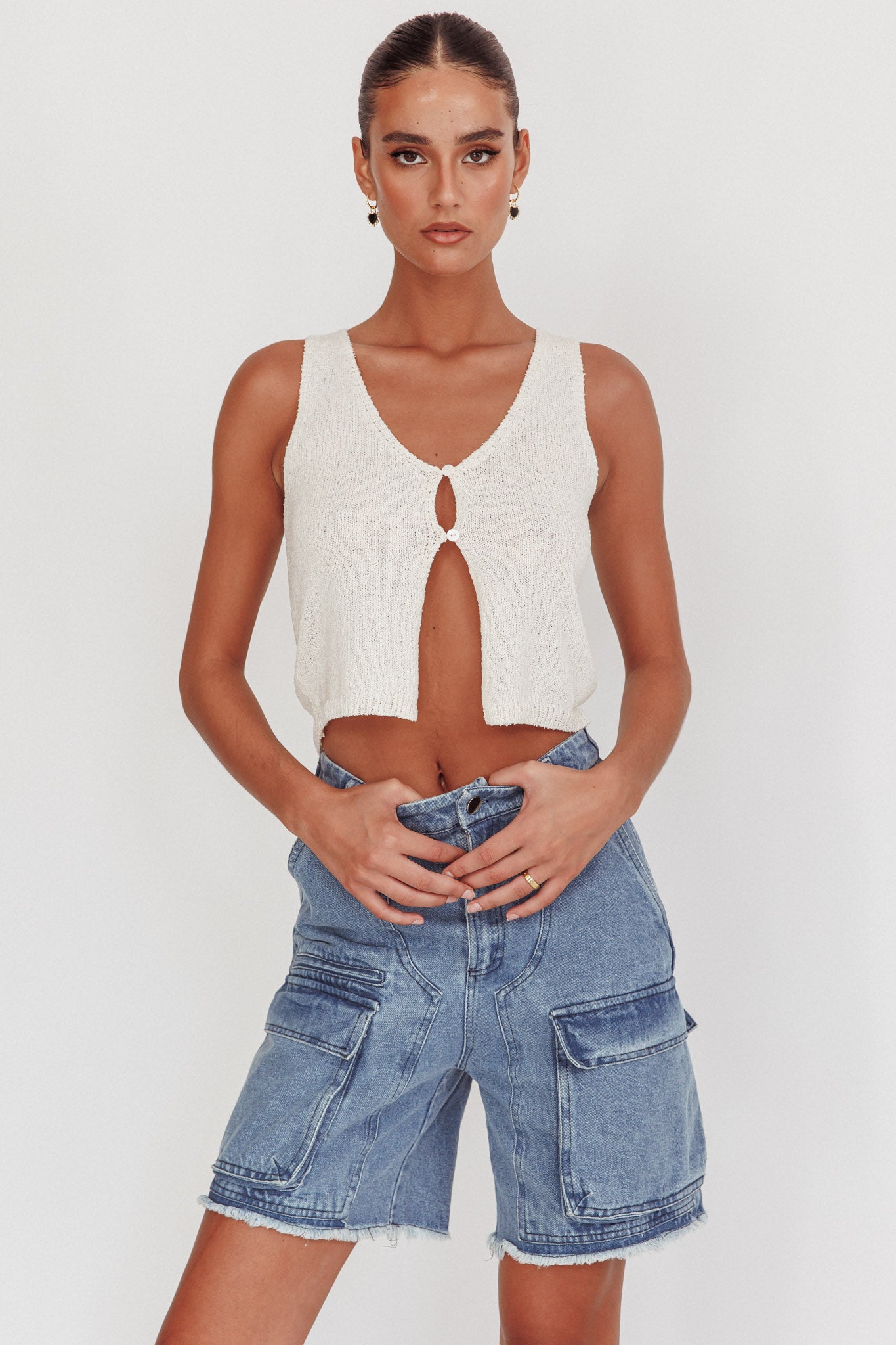 Meeka Open Front Knit Top White by Selfie Leslie
