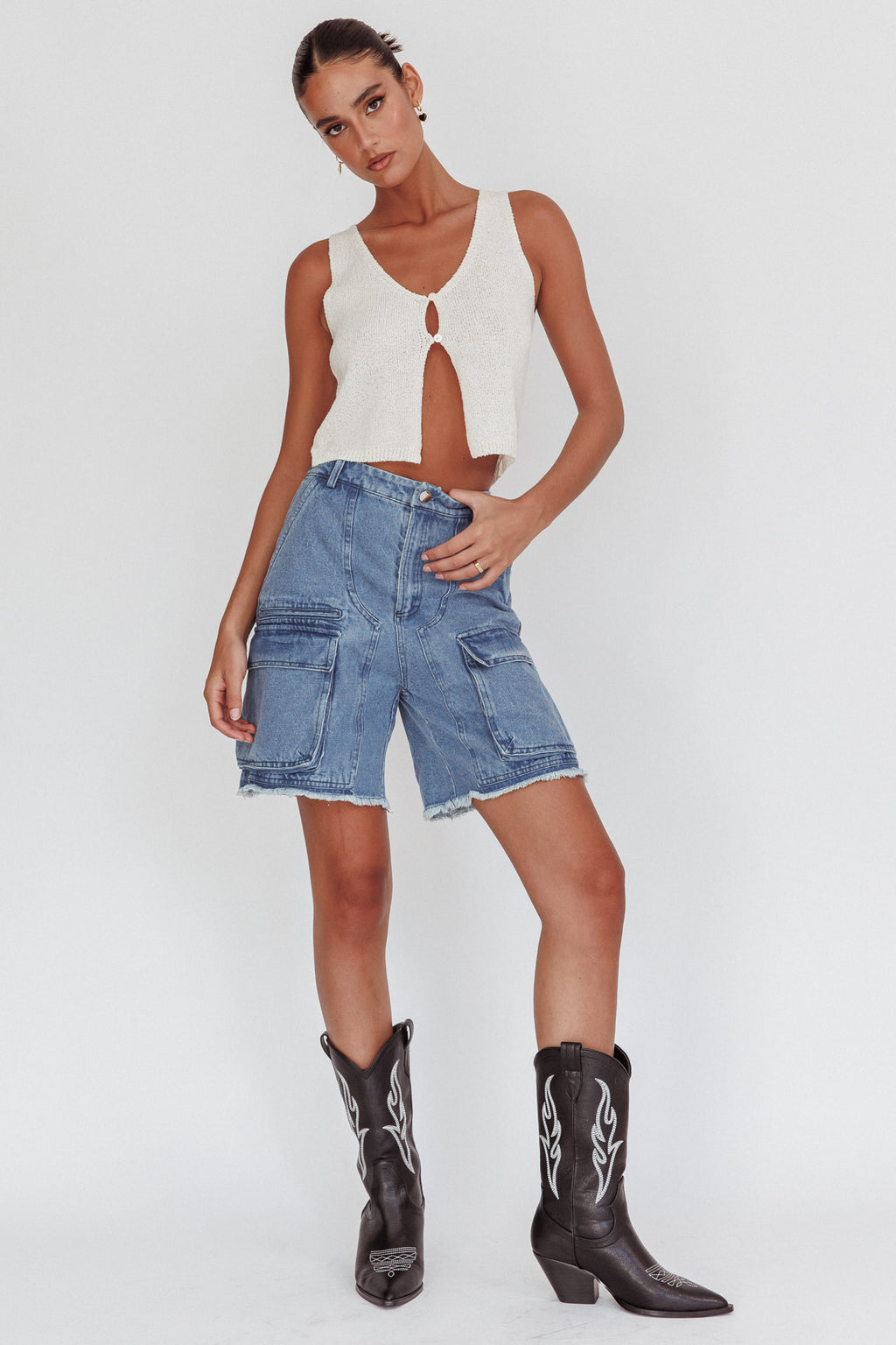 Meeka Open Front Knit Top White by Selfie Leslie