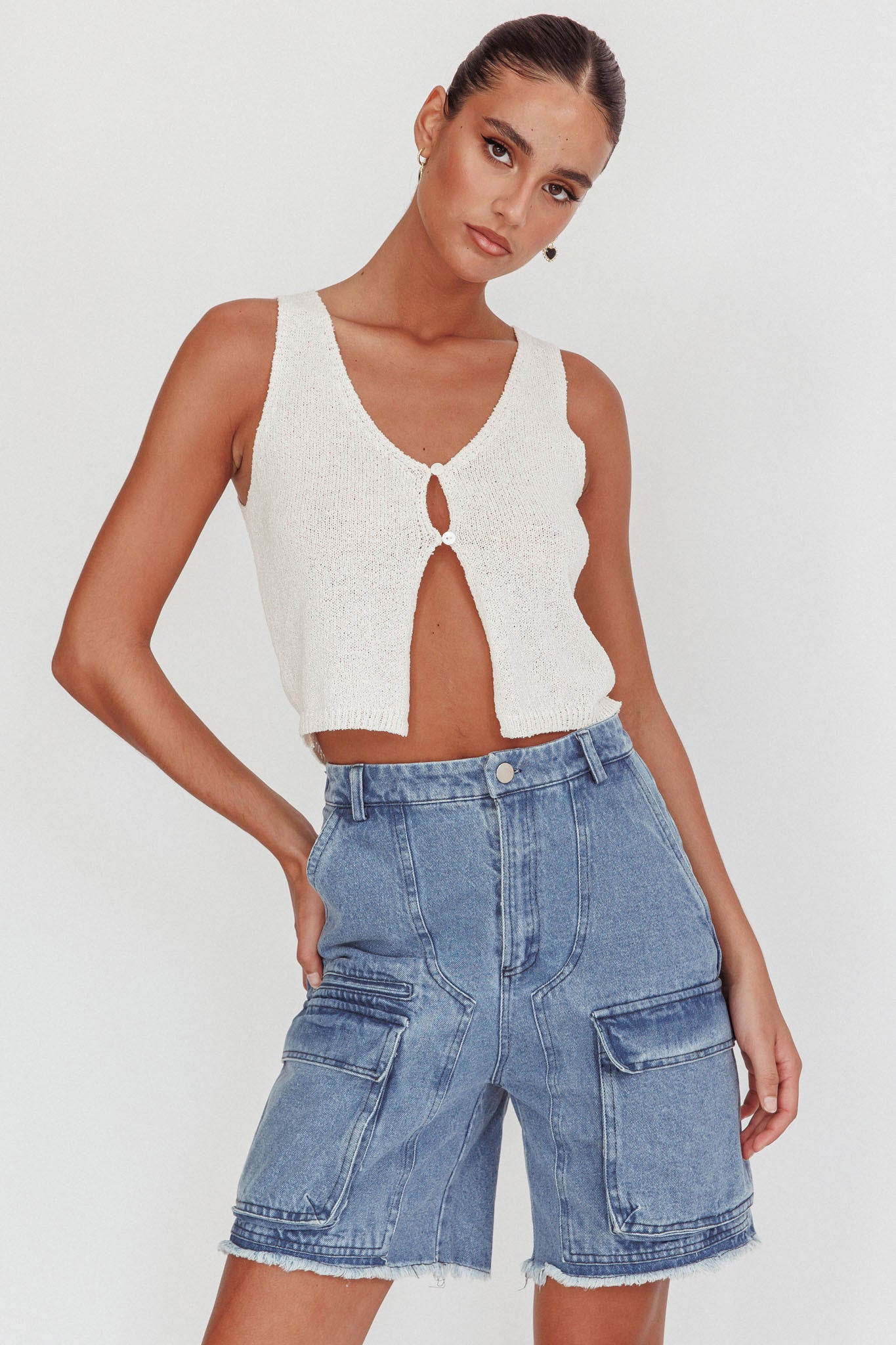 Meeka Open Front Knit Top White by Selfie Leslie