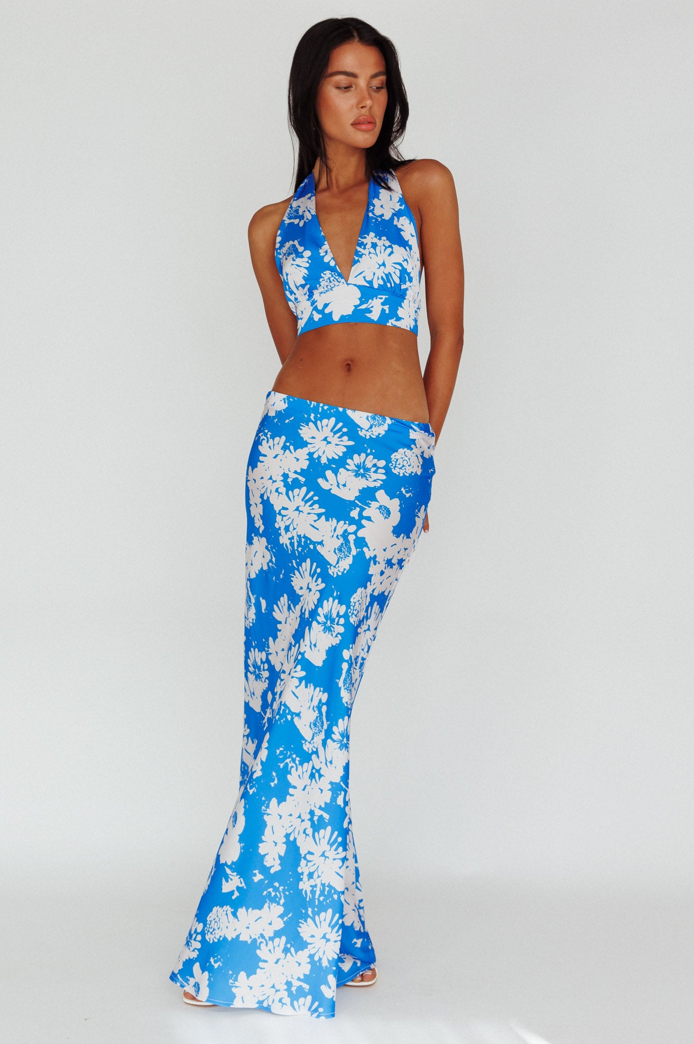 Manila Satin Maxi Skirt Blue Floral by Selfie Leslie
