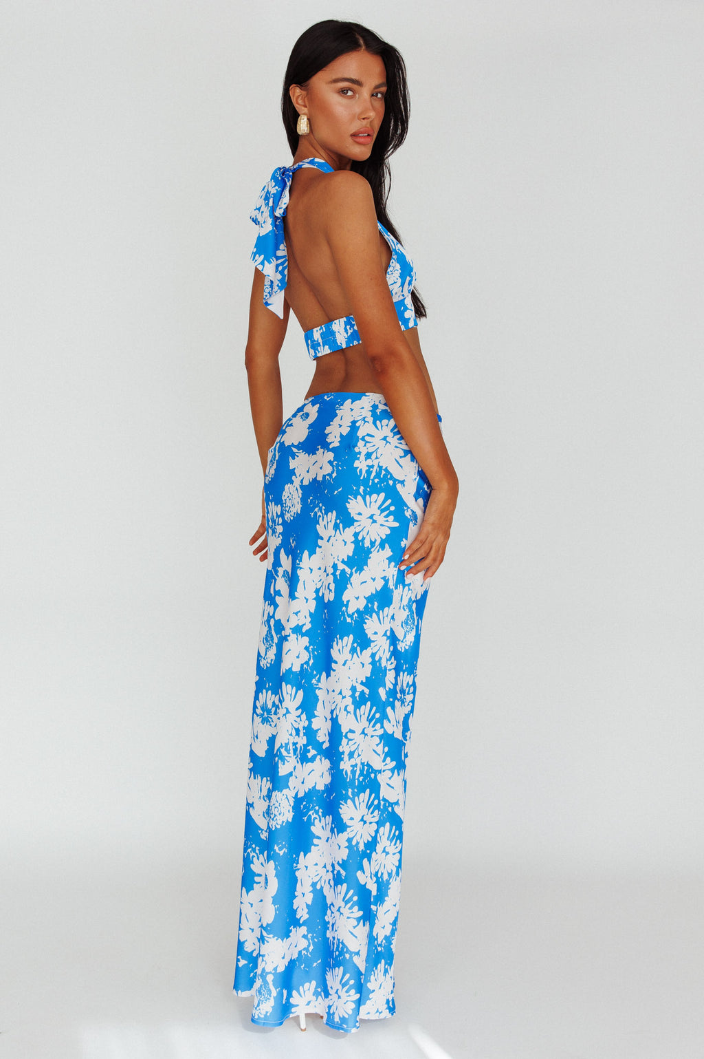 Manila Satin Maxi Skirt Blue Floral by Selfie Leslie