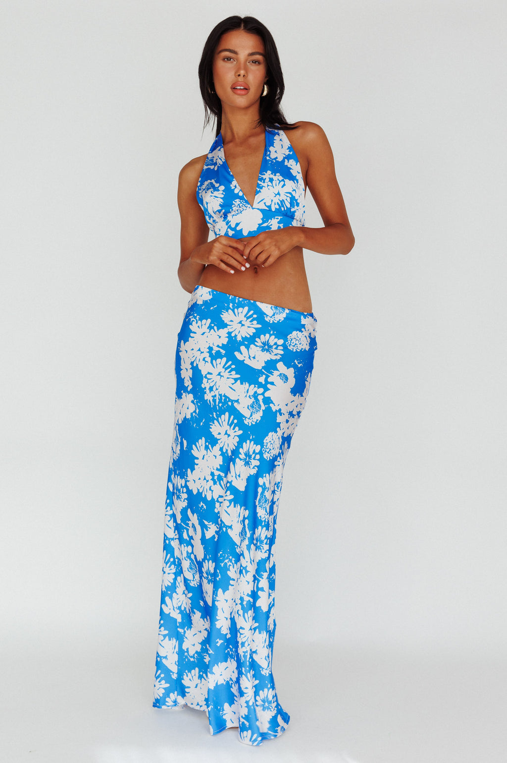 Manila Satin Maxi Skirt Blue Floral by Selfie Leslie