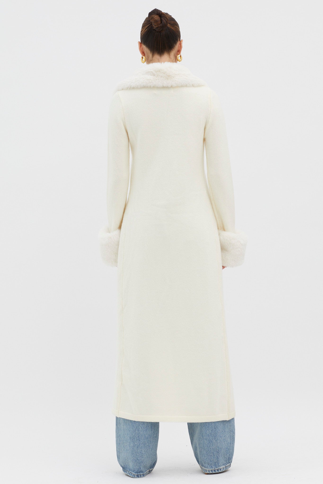 Snowflakes Fur Trim Longline Cardigan Coat Ivory | Selfie Leslie
