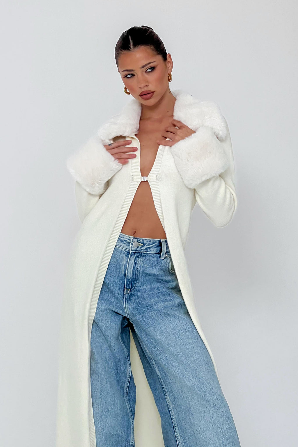 Snowflakes Fur Trim Longline Cardigan Coat Ivory by Selfie Leslie